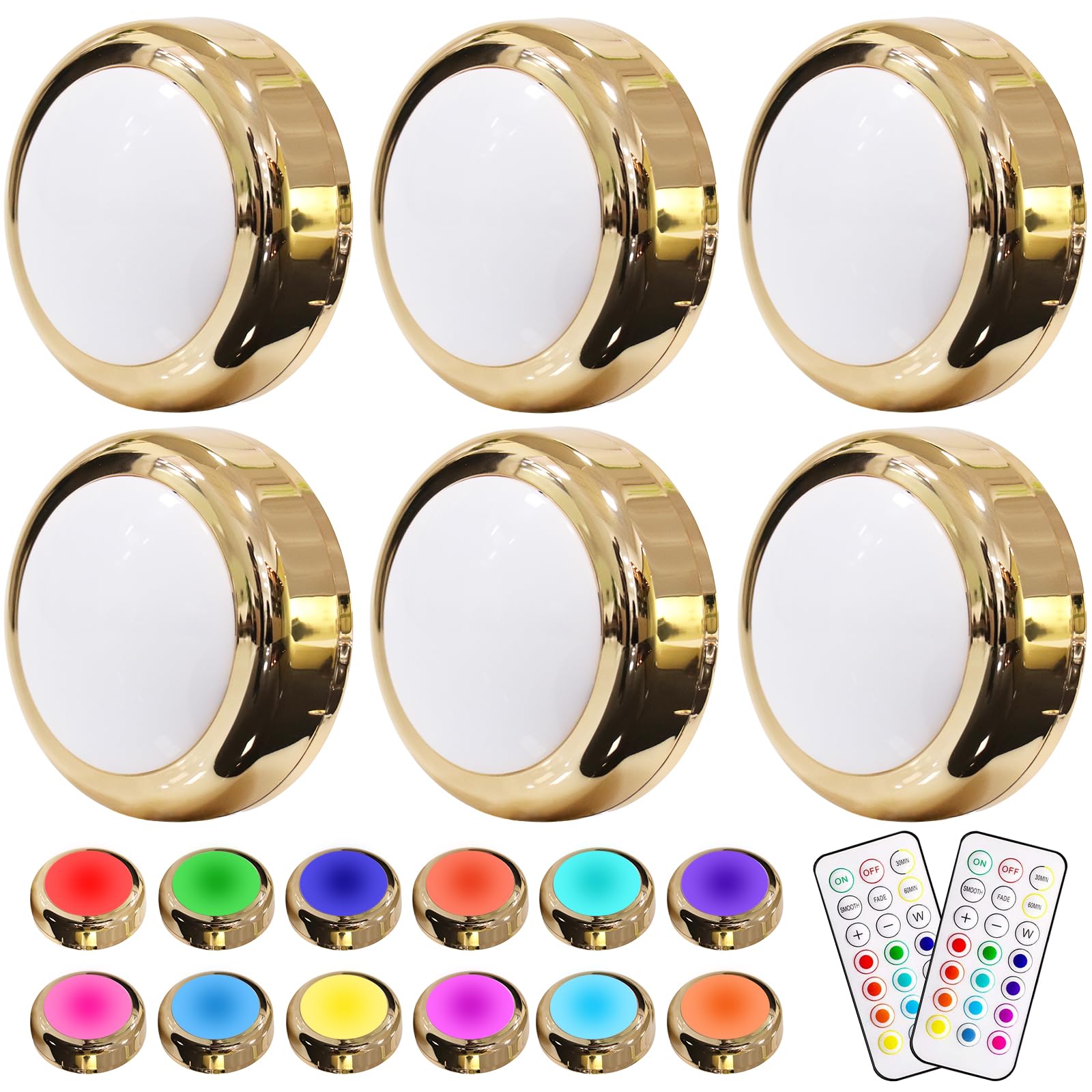 HELPLEX Schrankbeleuchtung, RGBW Kabellose Unterbauleuchte, Touch Lampe Batteriebetrieben, Wandleuchte Batterie mit Fernbedienung, Timer und Automatische Speicherfunktion, Gold