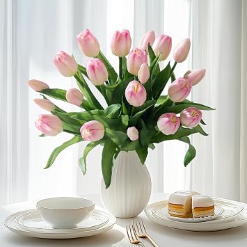 Bailikang 20PCS Fake Tulips Artificial Tulip Silk Flowers Fake PU Bouquet Artificial Flowers Faux Flowers with Gift Box Soft Faux Tulips Bouquets Arrangements for Party Wedding Home