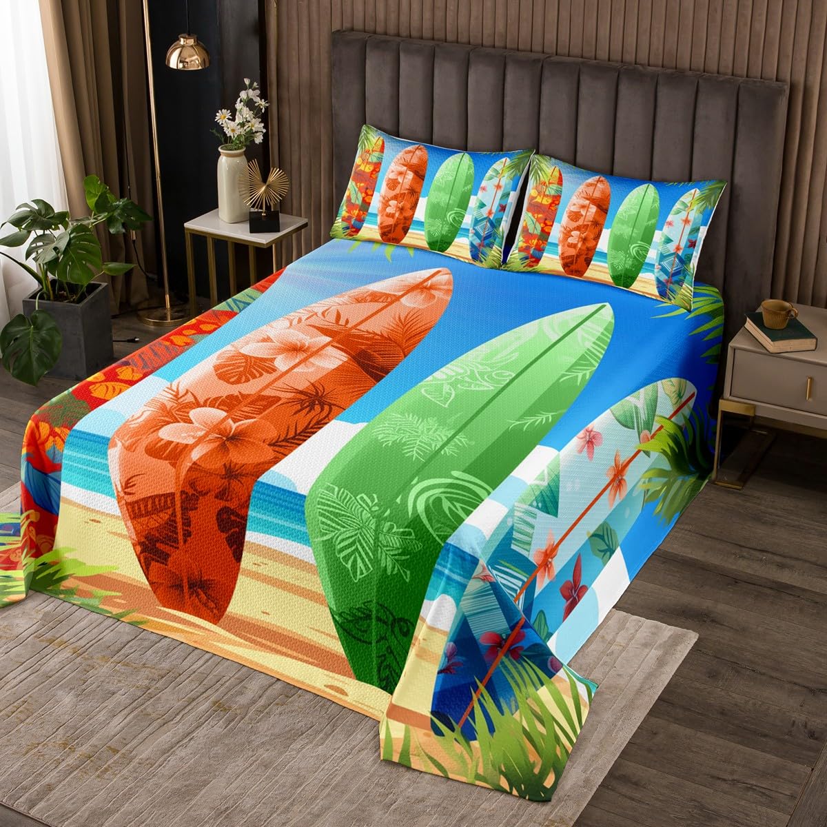 Colors Surfboard Quilted Coverlet 2 Pieces Hawaii Summer Holiday Ocean Beach Kids' Quilt Sets Coconut Tree Home Decor Quilt Sets Coverlet Set with 1 Pillow Sham,Twin