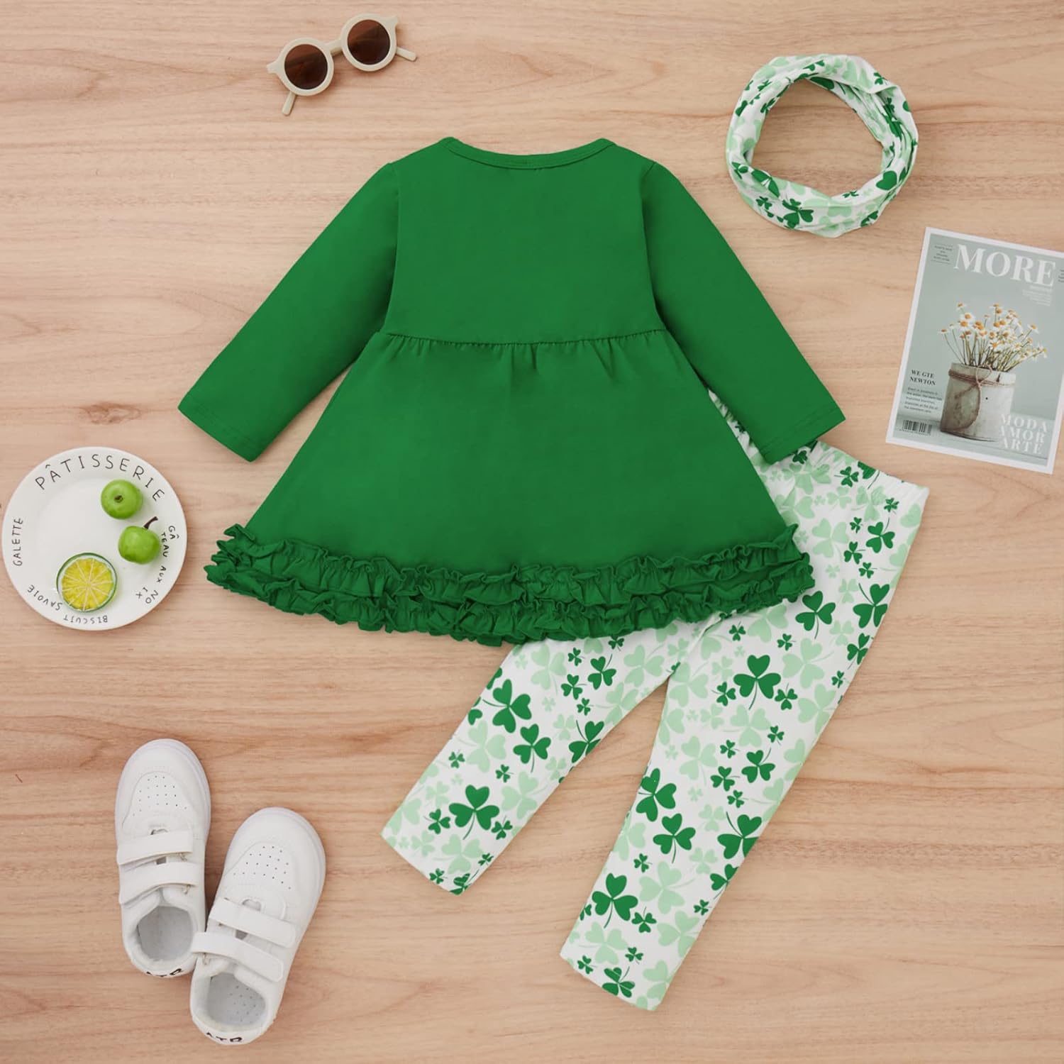 XFGLCK Toddler Kids Baby Girls St.Patrick's Day Outfits Flare Tunic Long Sleeve Dress Shirt Shamrock Print Pants Scarf Sets - Image 3