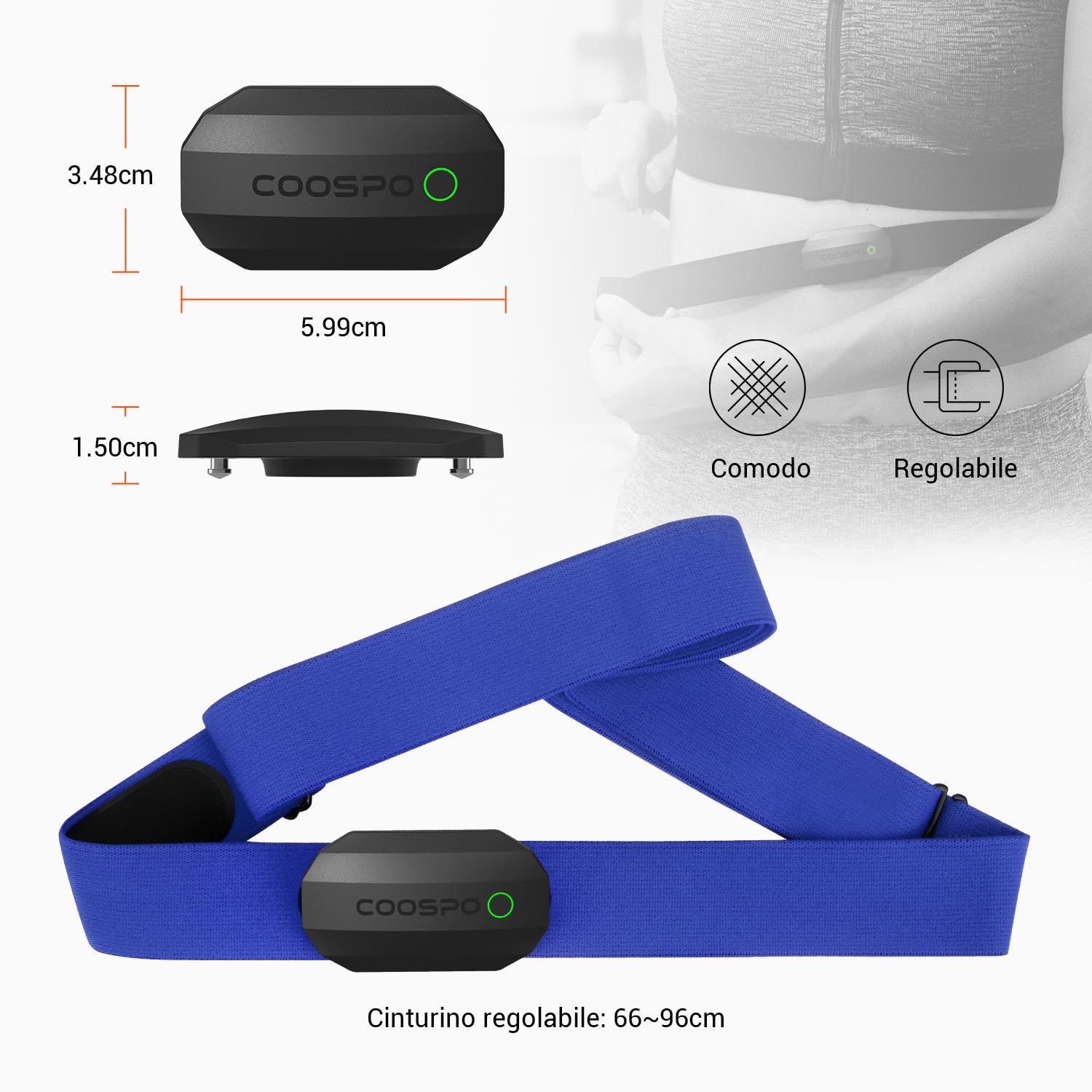 COOSPO H808S Fascia Cardio Cardiofrequenzimetro Fascia Toracica Bluetooth/ANT+, Sensore di Frequenza Cardiaca Impermeabile IP67 Compatibile con CoospoRide/wahoo fitness/strava/Pulsoid