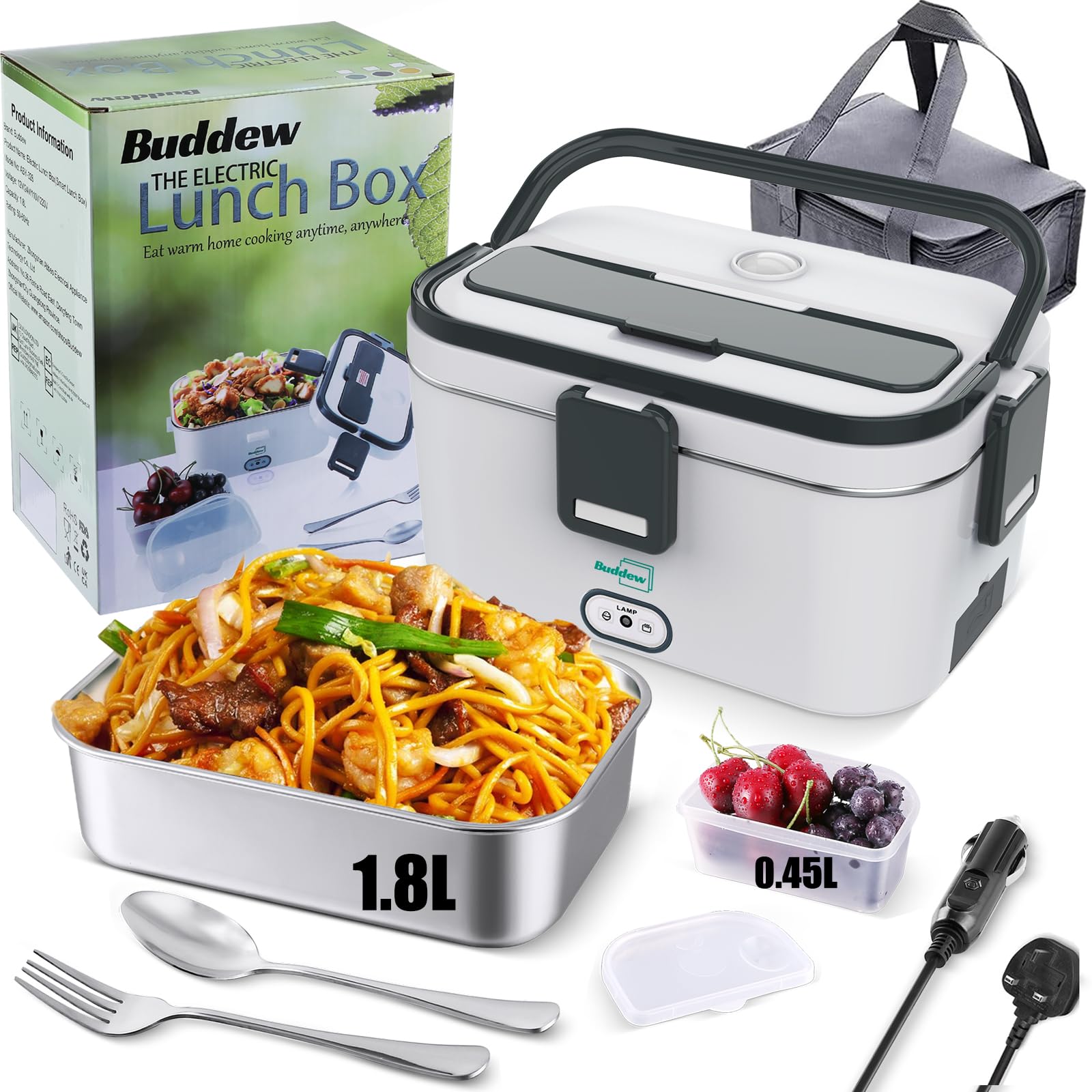 Electric Lunch Box 80W Food Heater 1.8L Large Capacity Heated Lunch Box 3 in 1 12V/24V/110-230V Portable Lunch Warmer for Car/Truck/Home/Office with Carry Bag and Fork and Spoon (Gray)