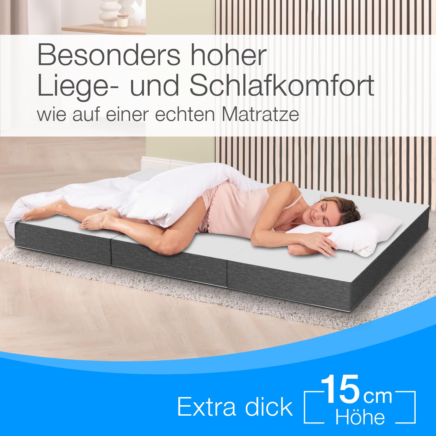 ELONEO Colchón Plegable 2 Personas, Colchón de Espuma Premium Visco, 140x200 cm, Grosor: 15 cm, Cama de Viaje para Niño y Adulto, Cama Supletoria para Adulto y Niño, Funda Lavable