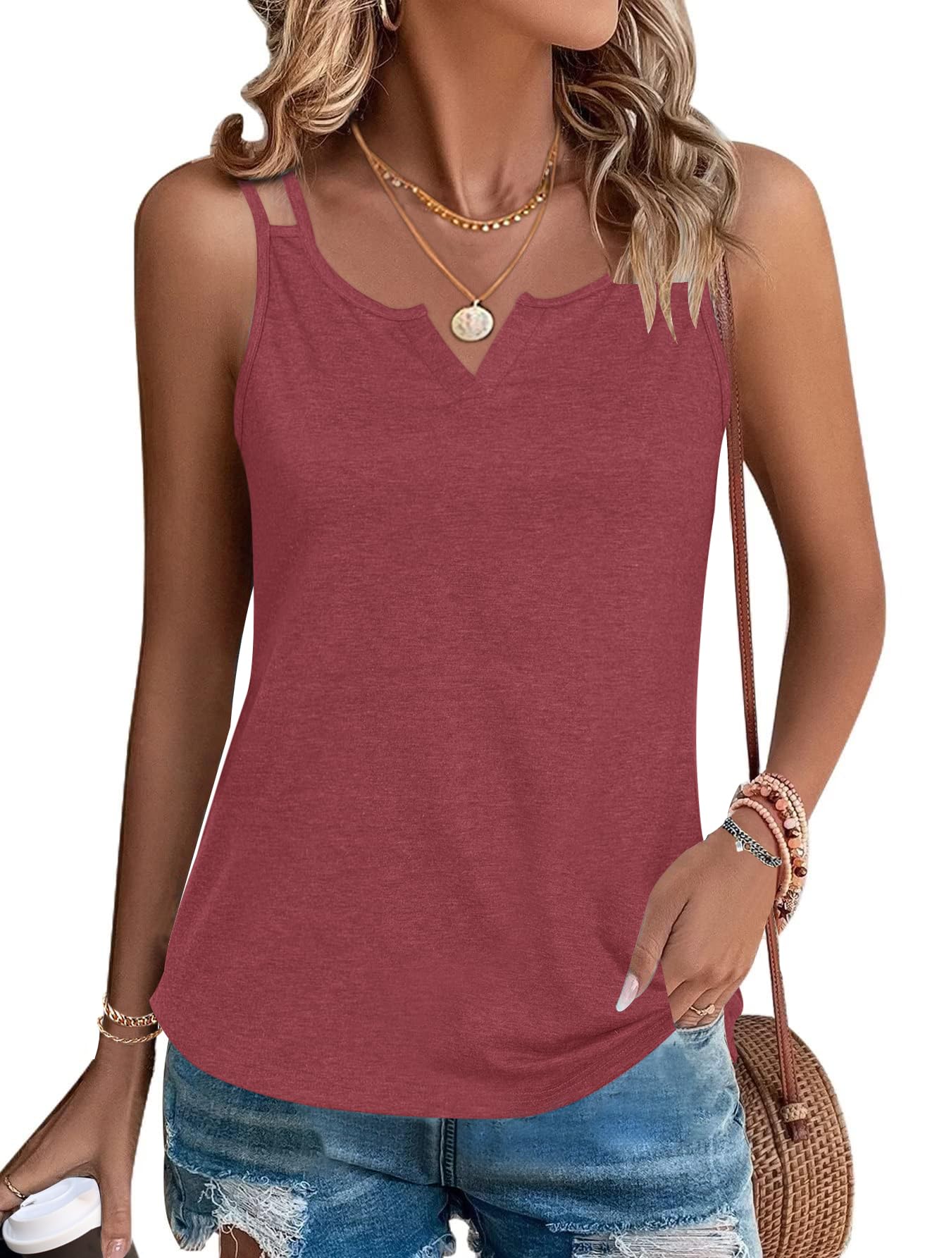 WNEEDU Tank Top Damen Sommer Armellose Oberteile Spaghettiträger Blusentop Cami Shirt V Ausschnitt Sexy