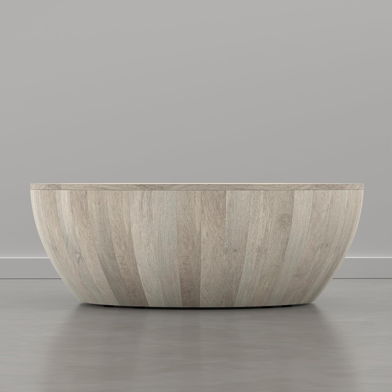 SIMPLIHOME Elmbrook Coffee Table - 34 inch Wide Solid Mango Wood Modern Industrial Round Drum Cocktail Table in Weathered White, Sculptural Living Room Table with Low Profile Design, Assembled