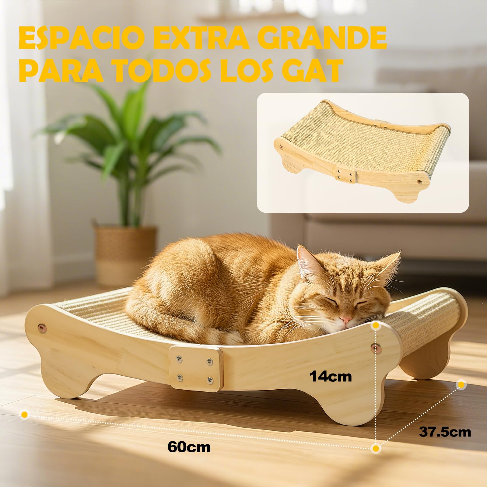 DONWEI Rascador para Gatos Sisal, Cama para Gatos Madera, Diseño Curvo de 160°, Tapete Sisal Natural, Tamaño Grande 60 x 37 x 14 cm, Sofá Rascador, Protector de Muebles