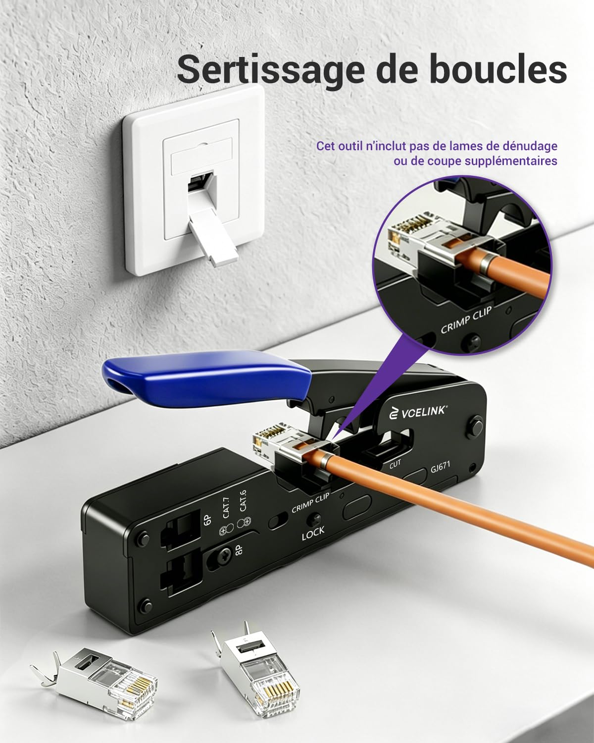 VCELINK Professionnel Network d’installation Kits, Pince à Sertir RJ45 avec 20 Connecteurs RJ45 Cat7/Cat6a Pass Through, Testeur RJ45, Mini Pince à dénuder Pour, RJ45, Sac en Tissu