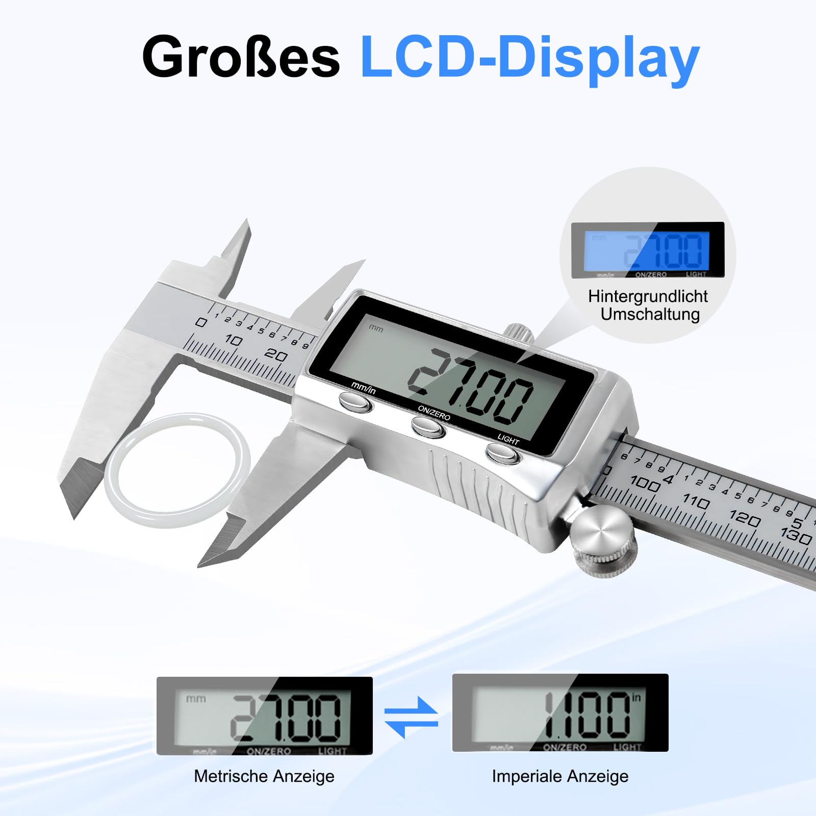 Digitaler Messschieber 150mm Edelstahl, USB-C Wiederaufladbar, IP54 Schutz, ±0,02 mm Präzision, Schieblehre mit Beleuchtetem LCD-Display, mm/Zoll
