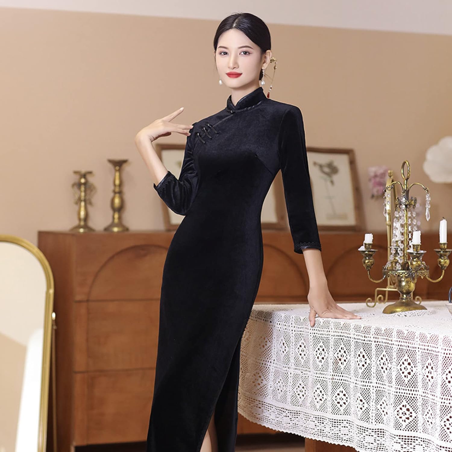 CBROOT Women's Chinese Cheongsam Dress - Autumn Winter Velvet Long Sleeve Slim Cheongsam Fashion Long Retro Style Dre
