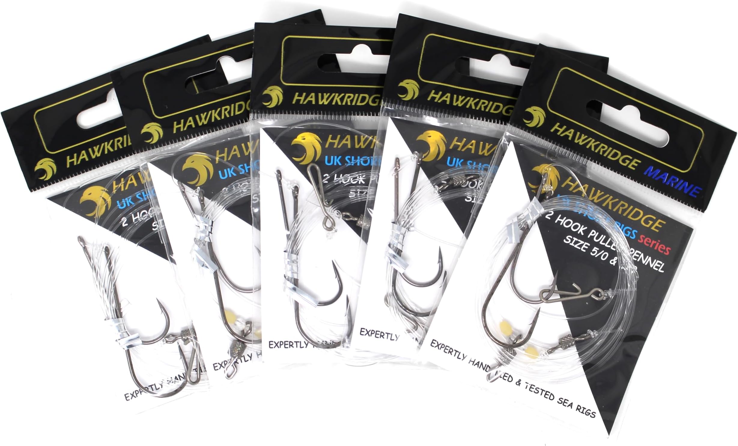 HAWKRIDGE RIG PRO SERIES - 5 Packs of Commercial Quality Fishing Rigs - 2 Hook - PULLEY PENNEL Ready Tied - Ideal for Sea Surf Casting Fishing (Tied to 50lb Snood)