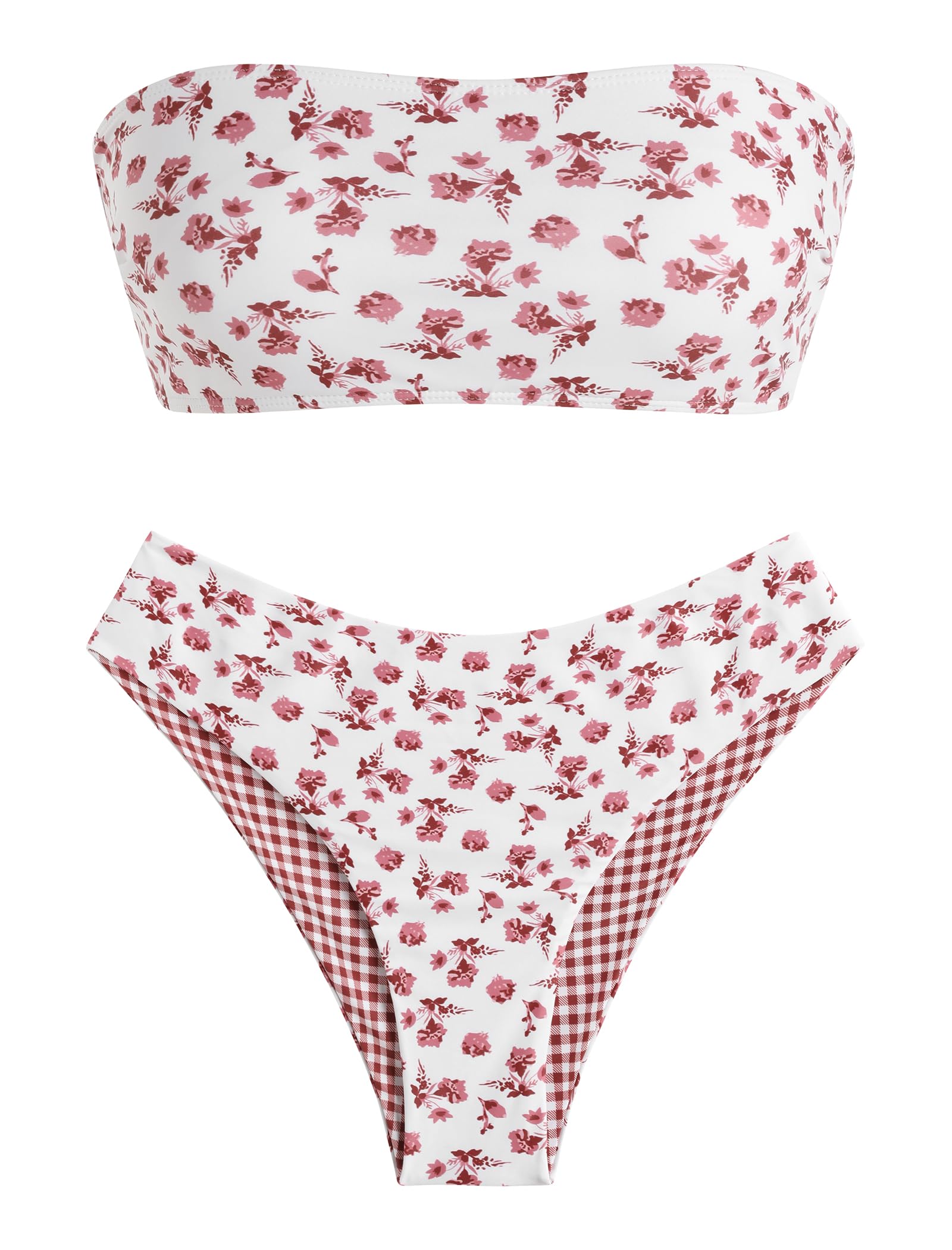 ZAFUL Women's High Cut Bandeau Bikini Set Strapless 2 Pieces Bathing Suit | Solid Color Swimsuit High-waisted Bikini Set