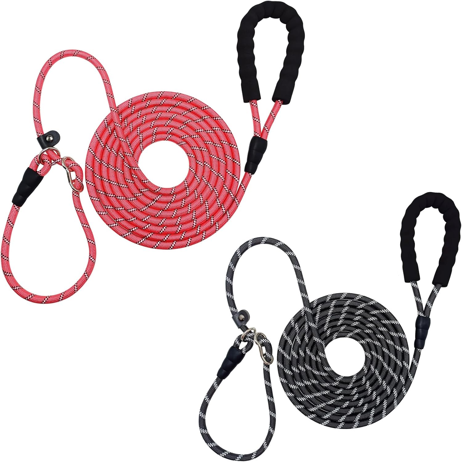 20 FT Slip Lead Long Dog Training Leash with Padded Handle for Medium Large Dogs (Black+Pink)
