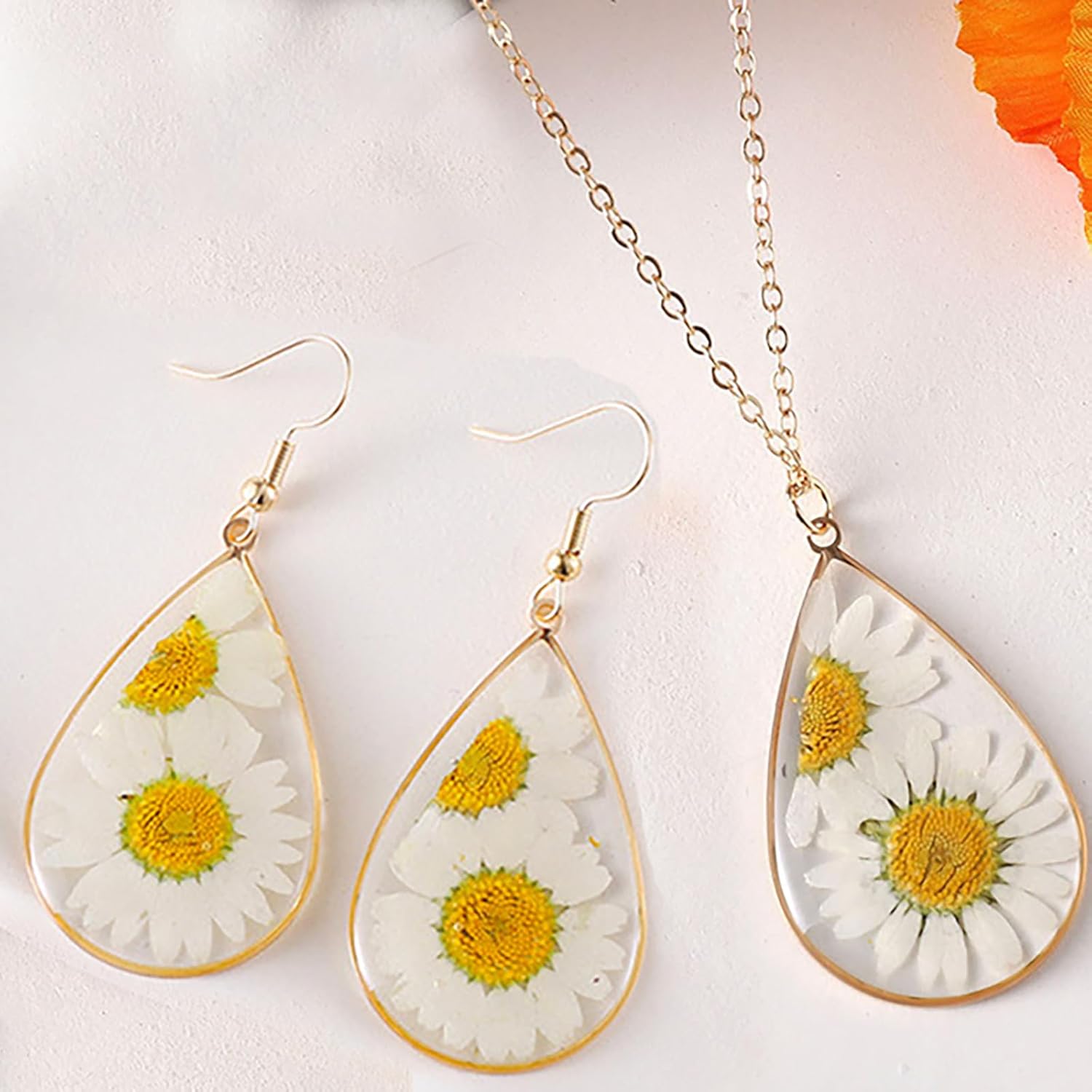 Pressed Daisy Jewelry Set for Women 14K Gold Plated Resin Daisy Flower Jewelry Set Waterdrop Daisy Earring Necklace - Image 2