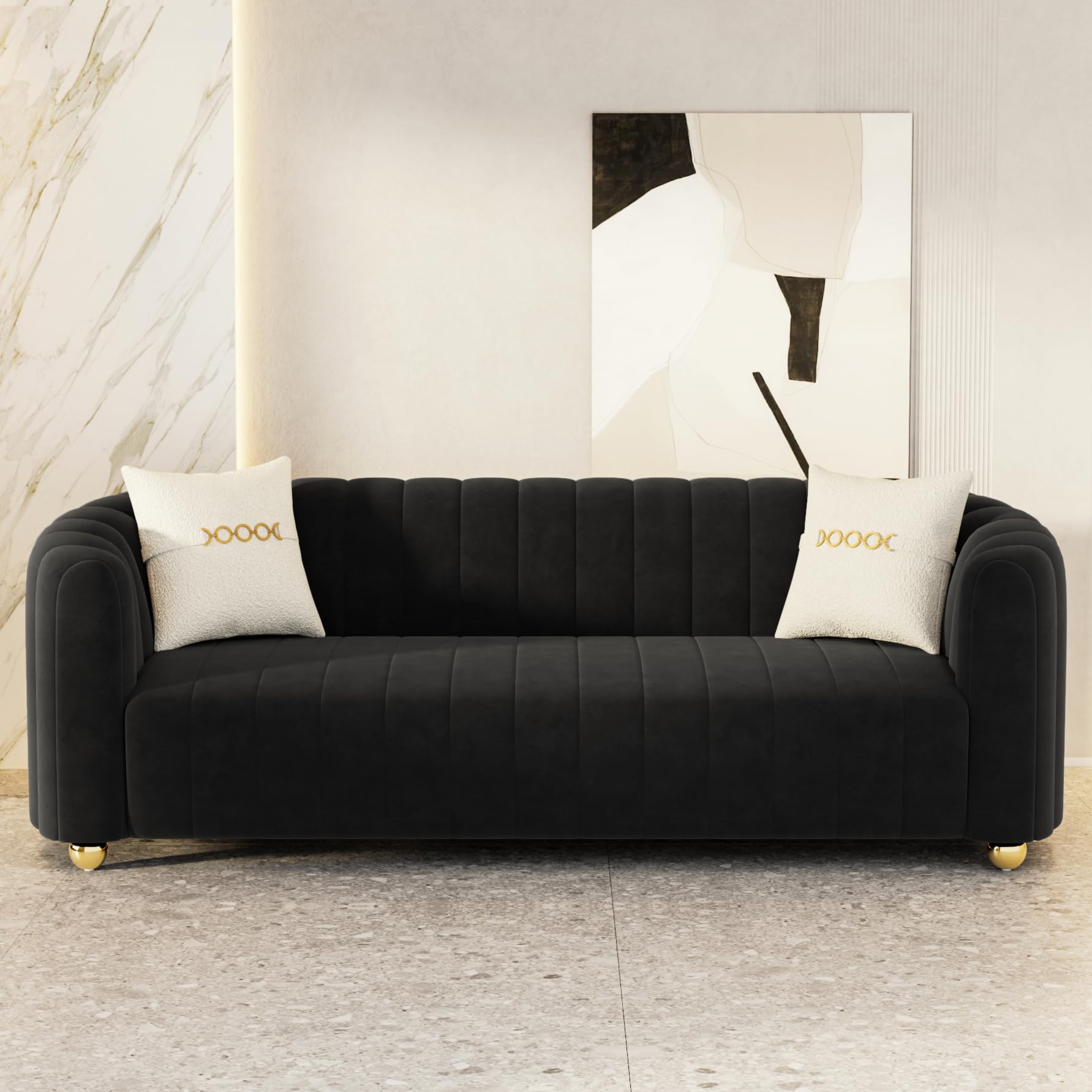 Moxoq Modern Black Velvet Couch for Living Room, 83.46