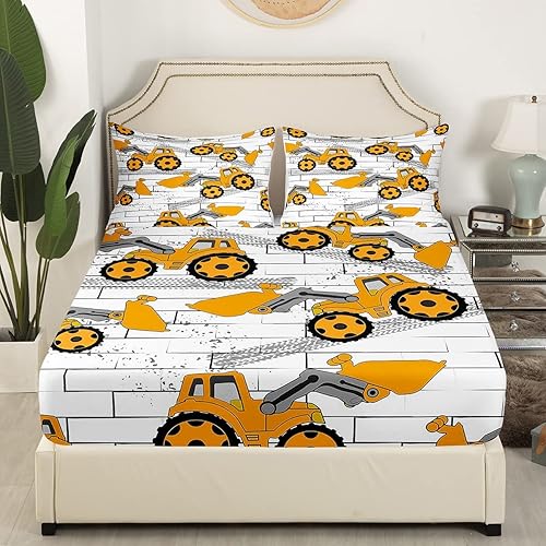 Miniatura 3 de Sábanas de cama de vehículos de construcción, tamaño individual, juegos de ropa de cama de excavadora para niños, sábana bajera ajustable de camión