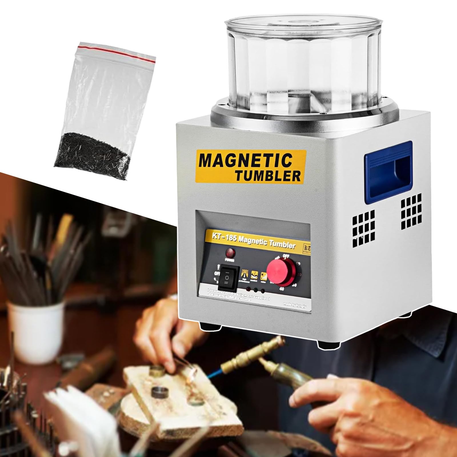 YXYLJOZ Magnetic Tumbler Jewelry Polisher Machine, with Bowl Lid 180Mm, 1-60 Minute Timing, 2000 RPM, Unidirectional Rotation/Bi-Rolling,110V