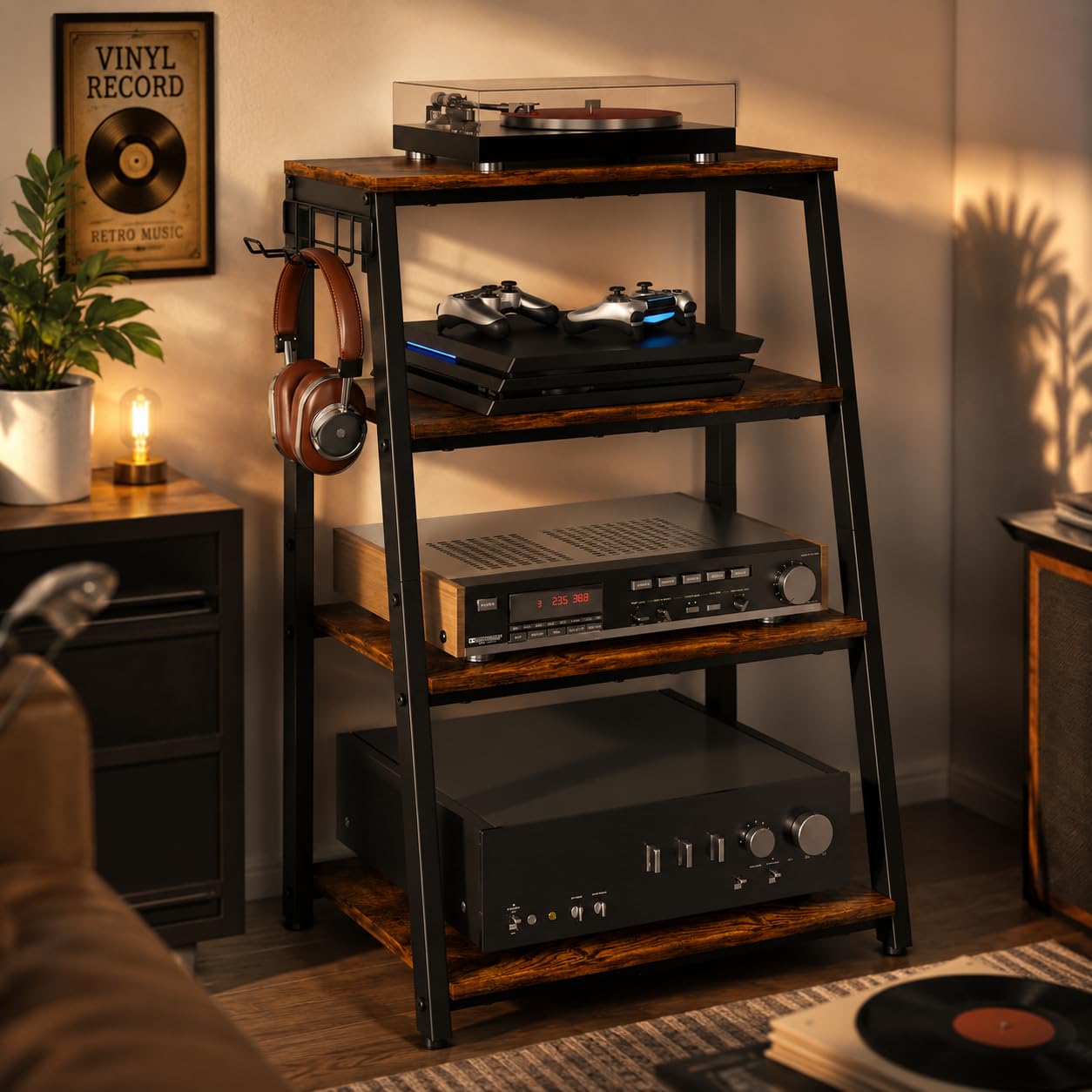 TWSOUL Rack HiFi a 4 livelli, giradischi, in legno e acciaio, torre audio, scaffale da gioco in legno con ripiani aperti, per giradischi e impianti stereo e impianto compatto, 48 x 36 x 80 cm