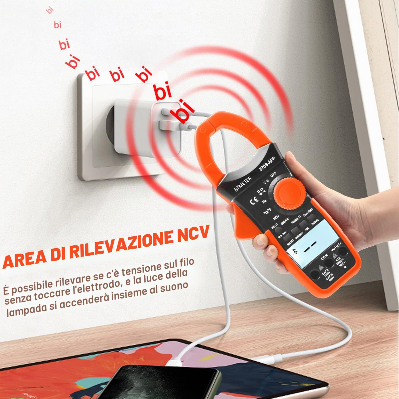 BTMETER Multimetro digitale BT-570S APP con Bluetooth, 6000 conteggi TRMS, pinza di corrente amperometro con selezione auto, tester di tensione, misura AC DC Volt Ampere Ohm NCV capacità di