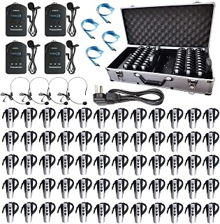 EXMAX 2.4GHz Wireless Tour Guide Auido Voice Ttransmission System for Teaching Silent Conference Museum Visit Walking Tour Church Translation Trip (4 Transmitters 60 Receivers + 64-slort Charing Case)