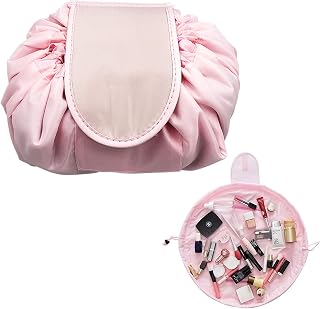 NARUTOO Lazy Drawstring Makeup Bag, Travel Cosmetic Bag Large Capacity Drawstring Makeup Bag Lazy Cosmetic Bag Beam Mouth Storage Bag Cosmetic Pouch Travel Storage Bag (Pink)