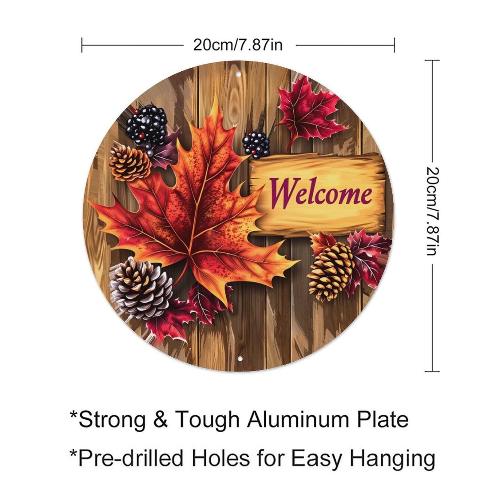 Autumn Leaves Pinecones Berries Wood Sign Round Tin Sign Retro Metal Sign for Cafe Bar Pub Home Game Room Gym Club Wall Decoration Vintage Metal Poster 8x8 Inch