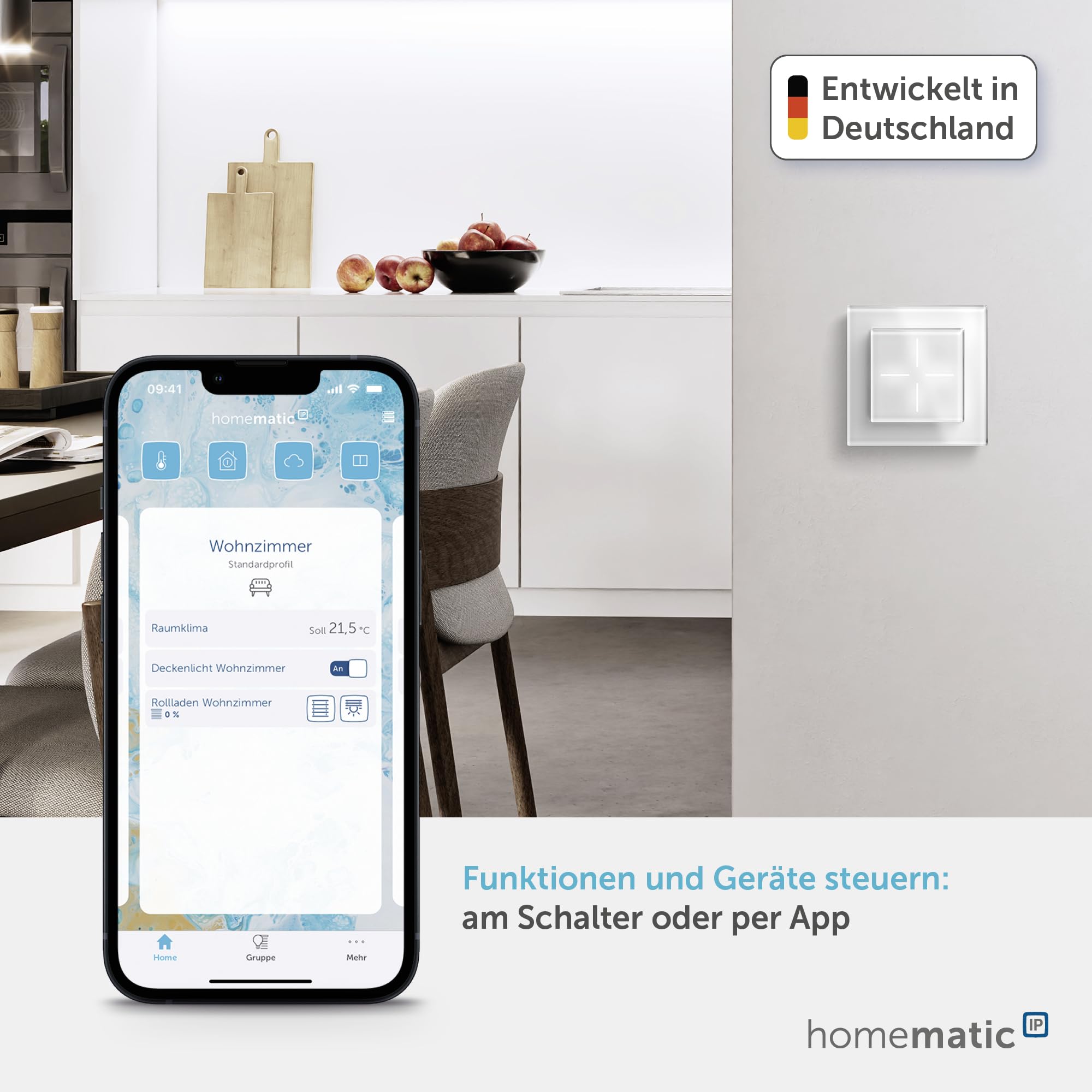 Homematic IP Glastaster, Smart Home, Wandschalter, Vier Tasten, Schalter für Ihr Homematic IP Smart Home, universell einsetzbar, schaltet Aktoren und Funktionen (Glastaster, Weiß)