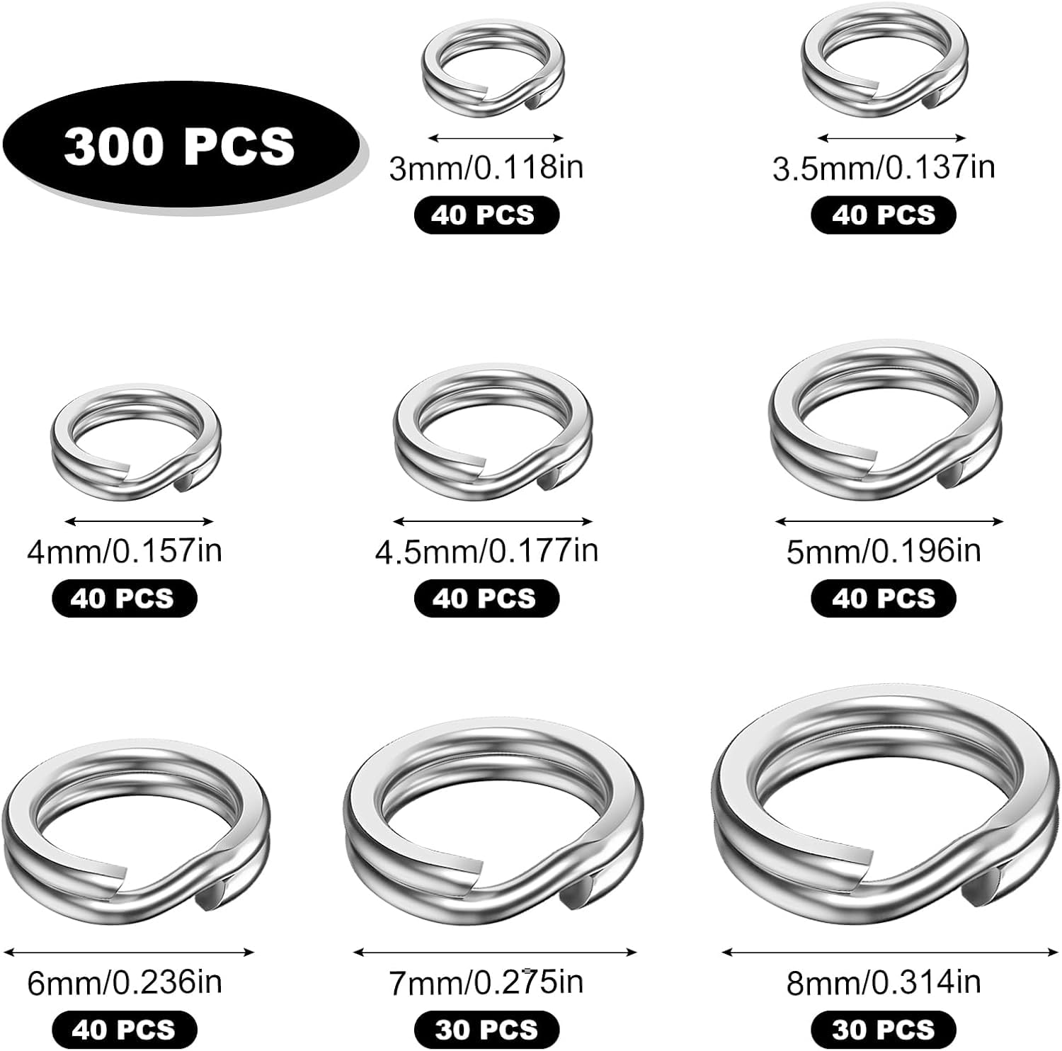 Realure 300 Piezas Anillos Partidos de Pesca Inoxidable 8mm 7mm 6mm 5mm 4.5mm 4mm 3.5mm 3mm 8 Tamaños
