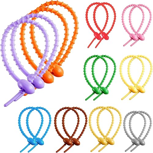 20 bridas de silicona coloridas, bridas reutilizables de 8 pulgadas, lazos ajustables multiusos para sellar bolsas de plástico, cables y cables,