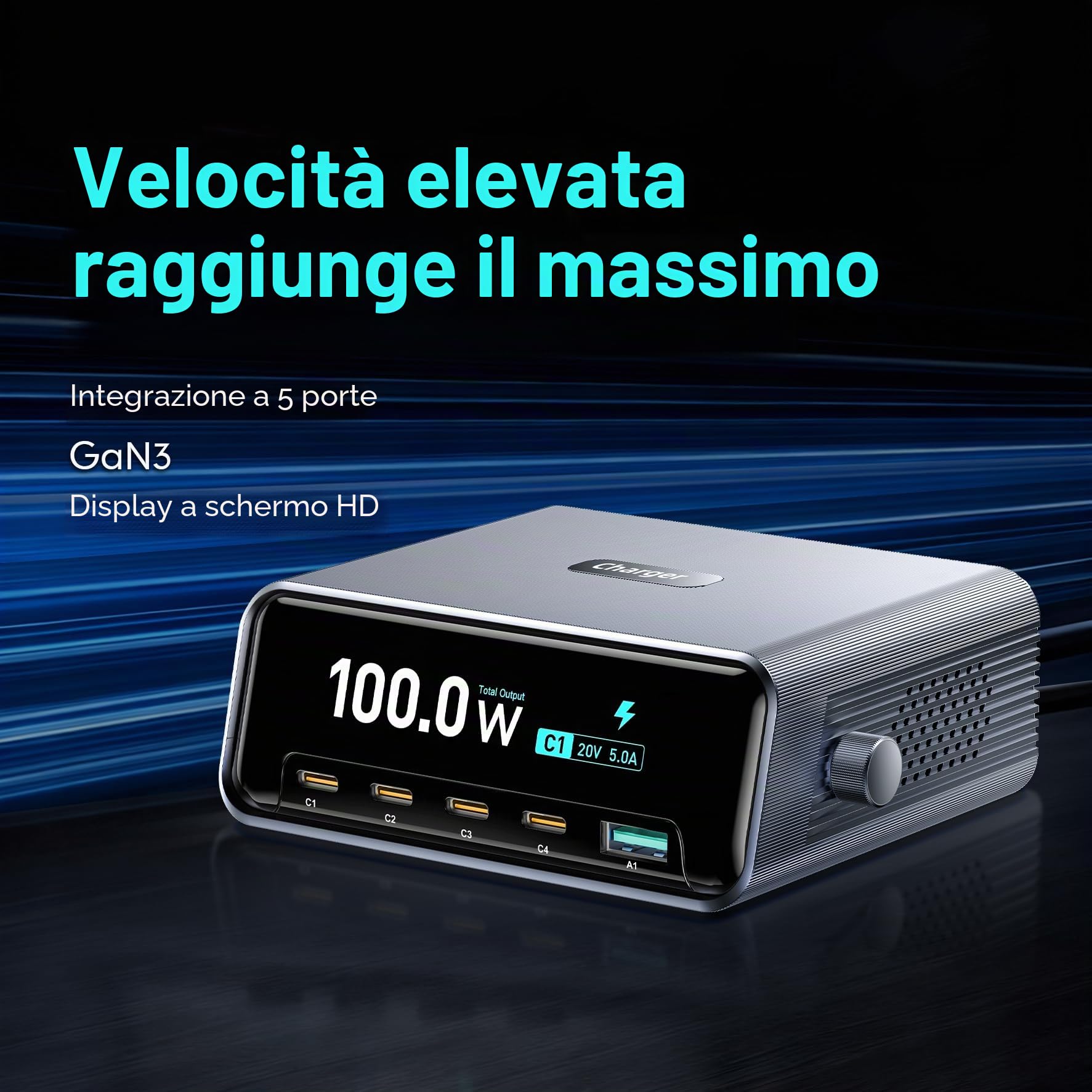 Stazione di ricarica desktop intelligente, stazione di ricarica USB C GaN3 da 100W, ultraveloce a 5 porte, USB C con PD3.0 da 100W, QC3.0, display LCD da 2,25" e quadrante di controllo intelligente