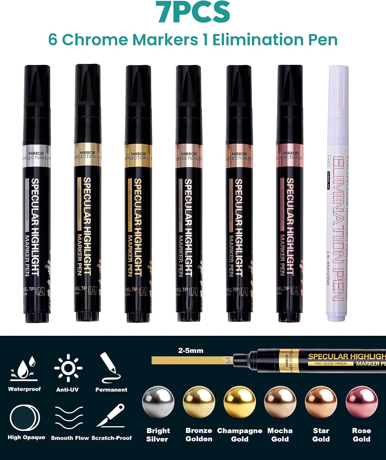 Resiners Metallic Markers, Chrome Paint Marker for Metal Model, Glass Coloring, Stroke, Painting, DIY Craft, Reflective Gloss, 2-5 mm Larger Application Area, Epoxy Resin Tools (6 Colors)