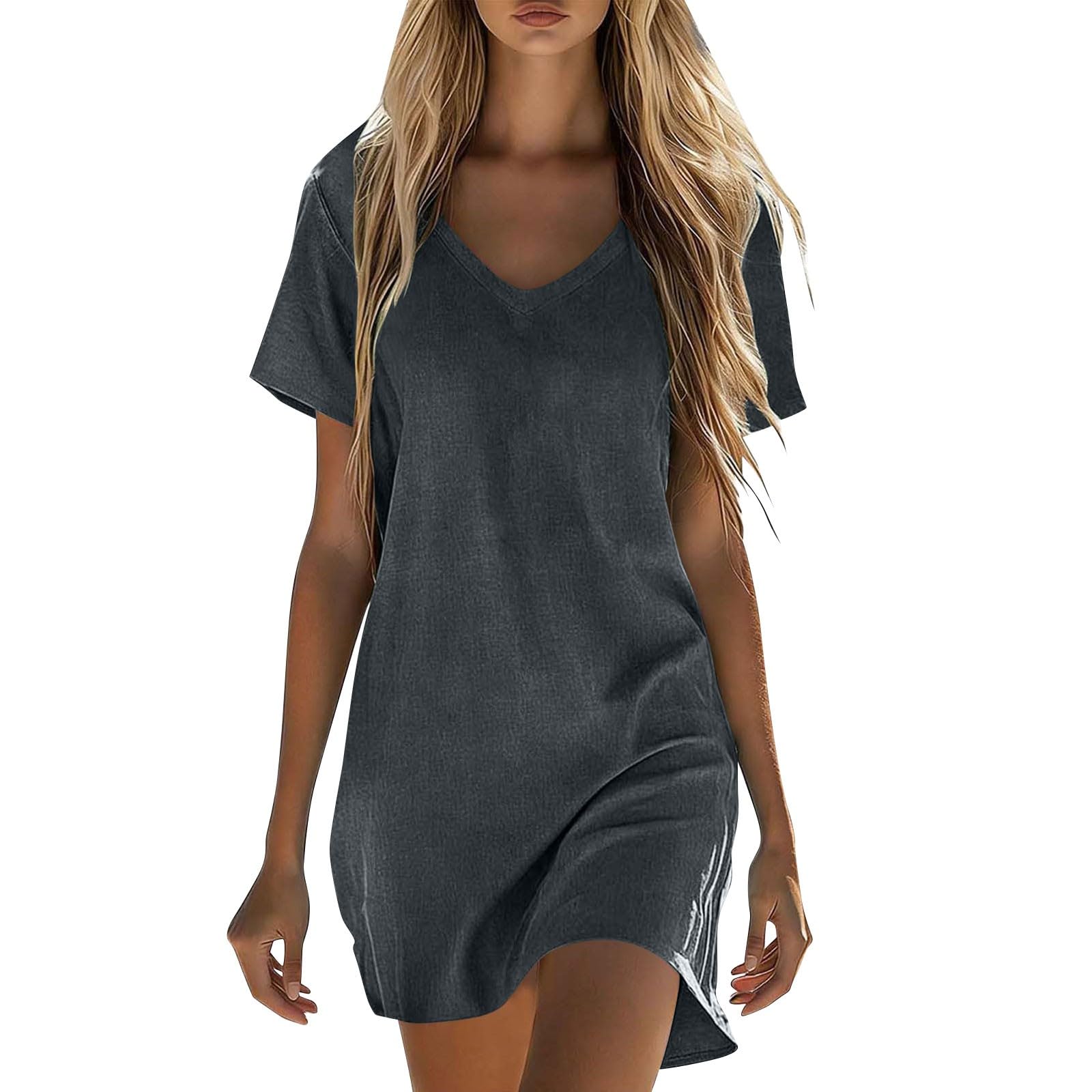 RLEHJN Sommerkleid Damen Midi,Baumwolle Leinen Kleid Kurzarm Saum Taille Freizeitkleid V-Ausschnitt Sommerkleid Damen Leicht und Luftig Casual Strandkleid Einfarbig Midikleid Tshirt Kleid S-5XL