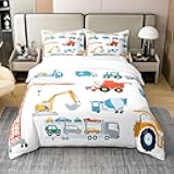 Cartoon Cars 100% Cotton Duvet Cover Twin,Colorful Working Building Machine Comforter Cover Cute Yellow Excavator Bedding Set for Kids Boys Girls,Red Blue Construction Vehicle Truck Car Quilt Cover