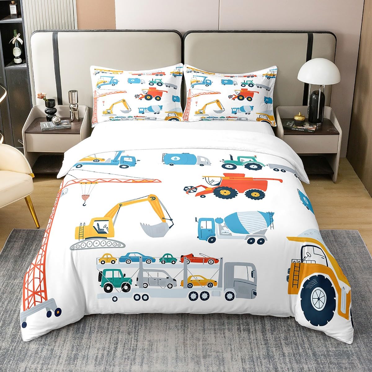 Cartoon Cars 100% Cotton Duvet Cover Twin,Colorful Working Building Machine Comforter Cover Cute Yellow Excavator Bedding Set for Kids Boys Girls,Red Blue Construction Vehicle Truck Car Quilt Cover