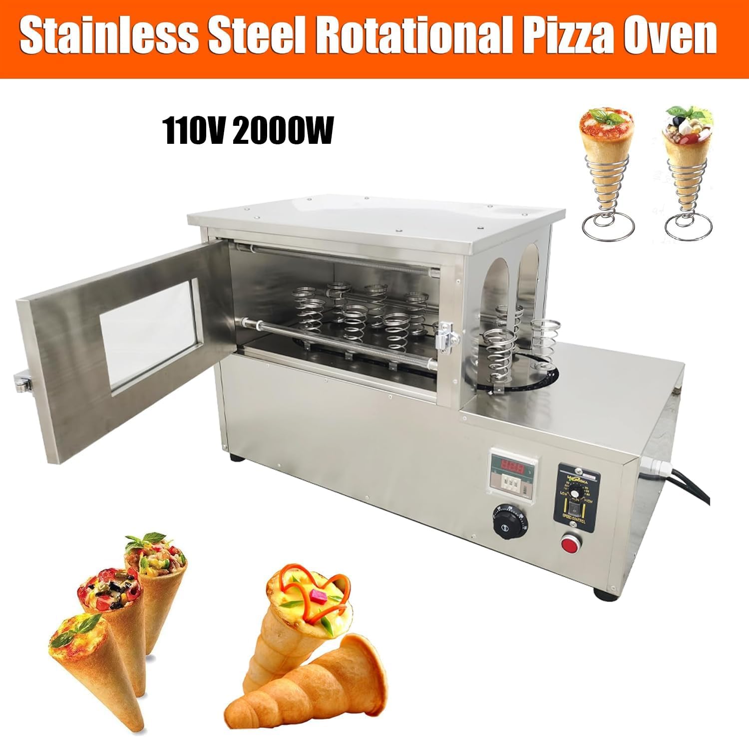 Commercial Countertop Pizza Cone Oven 110V 2000W Electric Rotational Oven with 12 Stainless Steel Bases, Adjustable Temperature & Speed for Handheld Cone Pizza Compatible with Forming Machine