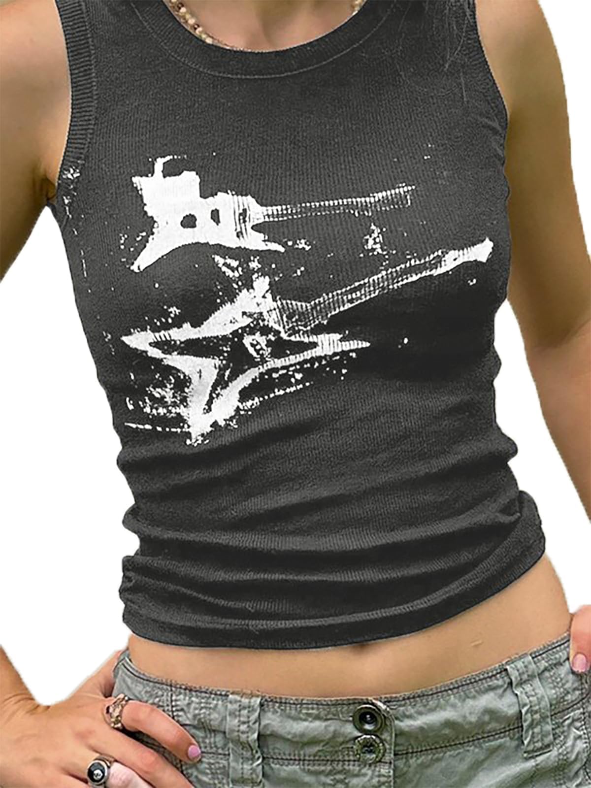 LQI Women's Tank Tops, Guitar Ribbed Summer Tops Sleeveless Y2K Crop Tops: Medium C Grey