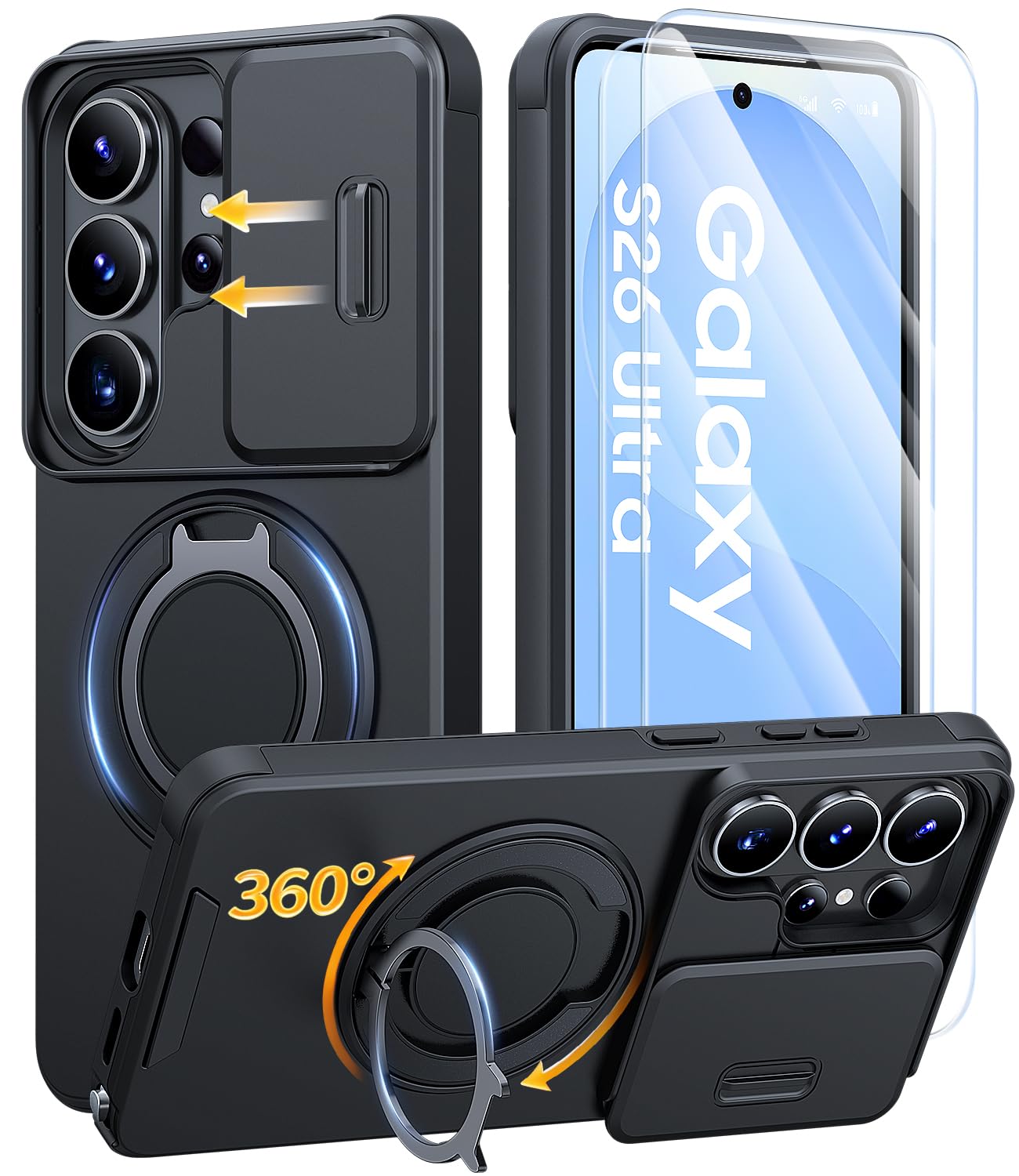 AOUIA für Samsung Galaxy S26 Ultra Hülle mit 2 Stück Panzerglas, Kameraschutz, 360° drehbarer Ringständer, Militärstandard Stoßschutz, robuste Handyhülle für Samsung S26 Ultra, Schwarz