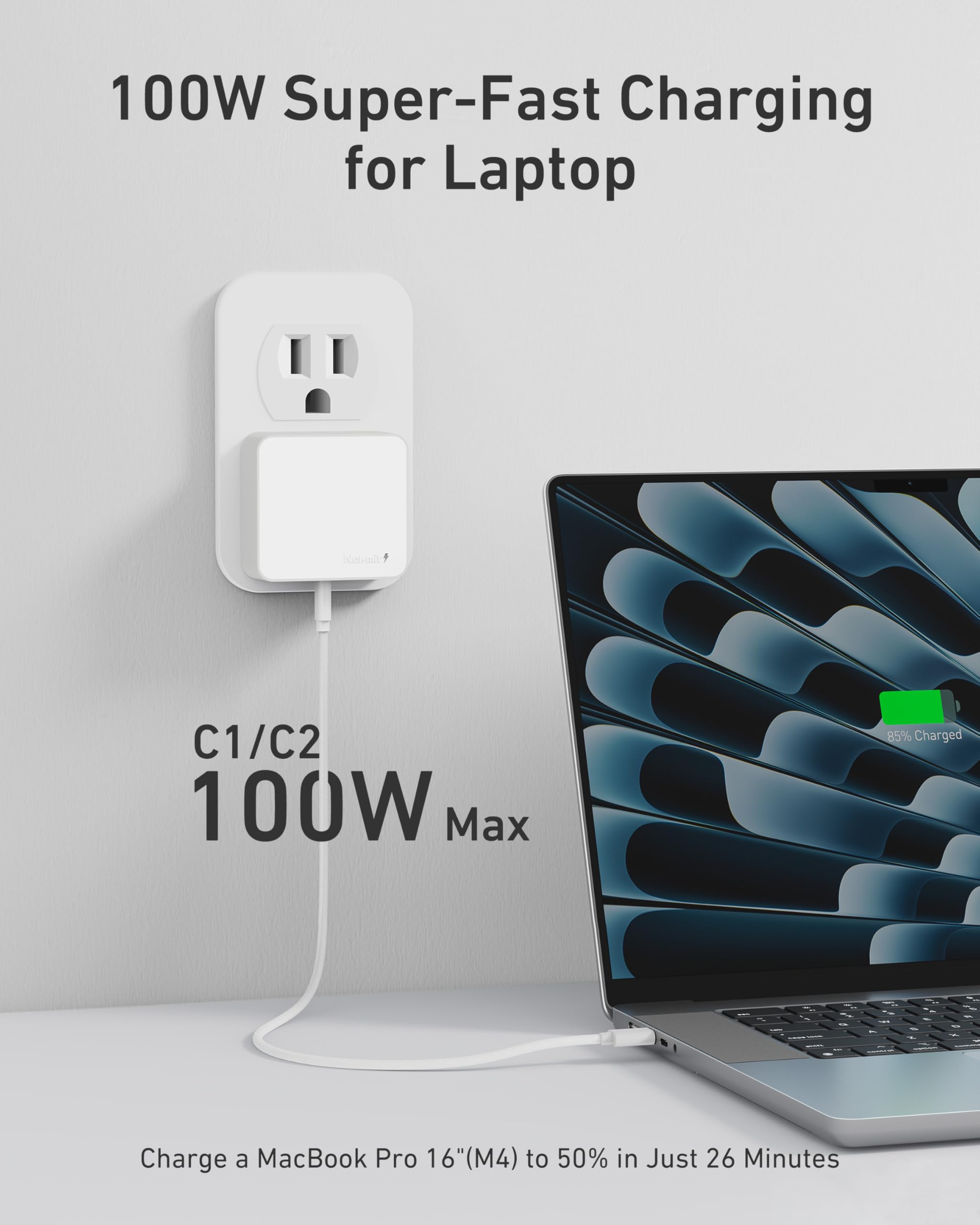 Nekmit Bloque de cargador USB C plano de 100 W, cargador de pared rápido GaN de 3 puertos (2 USB-C y 1 USB-A), enchufe de pared USB C con puntas fijas para iPhone 17/16, MacBook Pro/Air, iPad, Galaxy