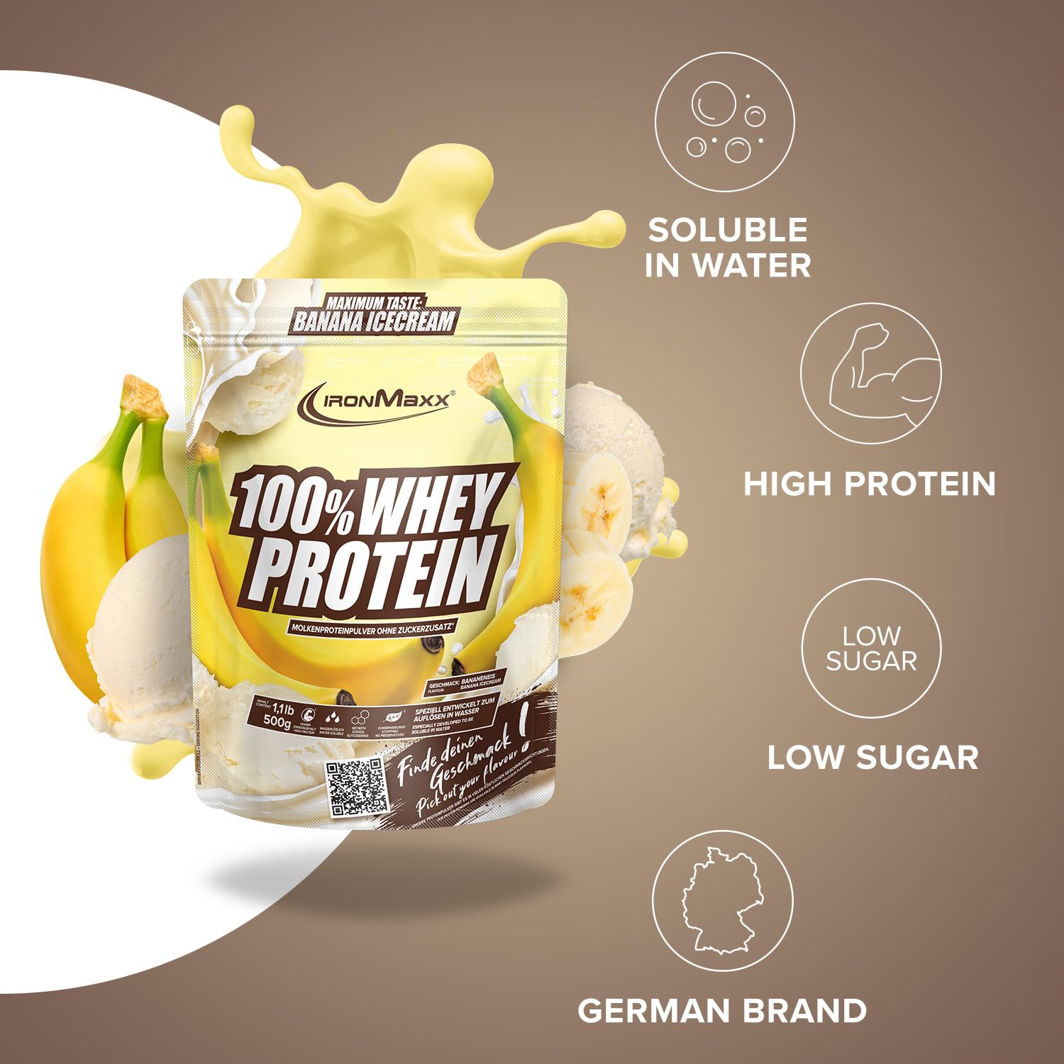 IronMaxx 100% Whey Protein Polvere - Banana Ice Cream 500g Bag | Proteine del siero di latte a basso contenuto di zucchero, solubili in acqua | Disponibile in vari gusti.