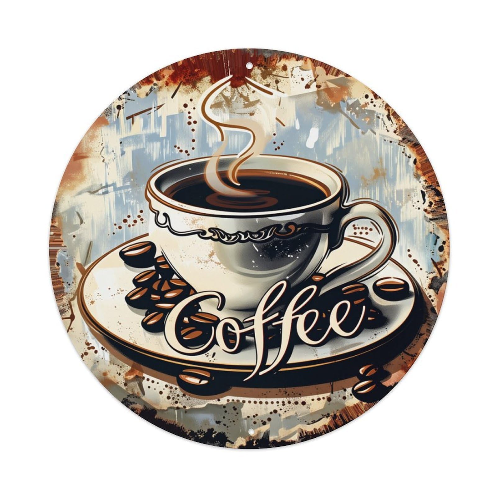 Coffee Cup Steam Beans Art Round Tin Sign Retro Metal Sign for Cafe Bar Pub Home Game Room Gym Club Wall Decoration Vintage Metal Poster 8x8 Inch