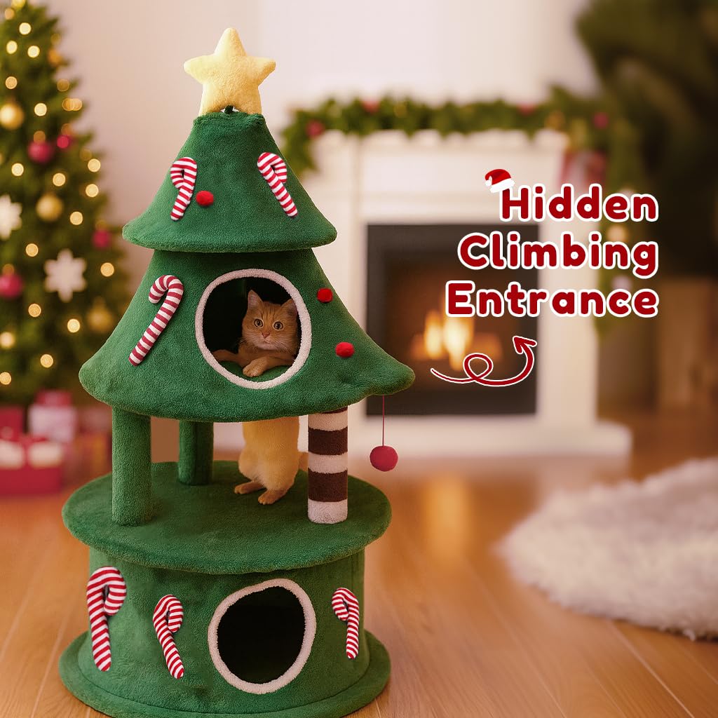 COMHOMA Kratzbaum alto 135 cm design albero di Natale, tiragraffi a più livelli con cuccia per gatti, piattaforme e palline da gioco, albero arrampicata stabile per gatti, verde