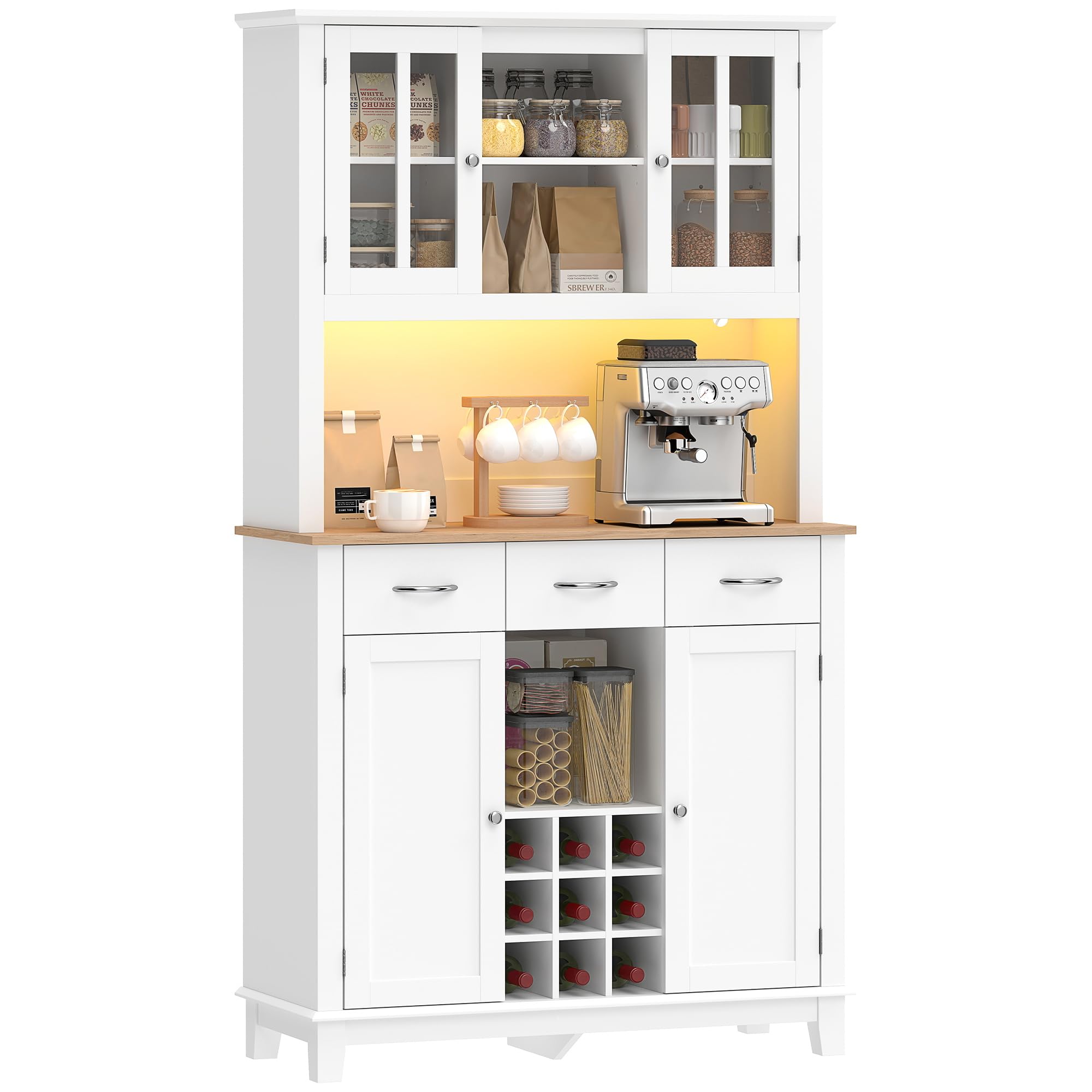 HOMCOM Alacena de Cocina con Iluminación LED Control por App, Armario Cocina Alta con Encimera para Microondas, Botellero, Puertas de Vidrio, Estantes Abiertos, 3 Cajones, Estantes Ajustables, Blanco