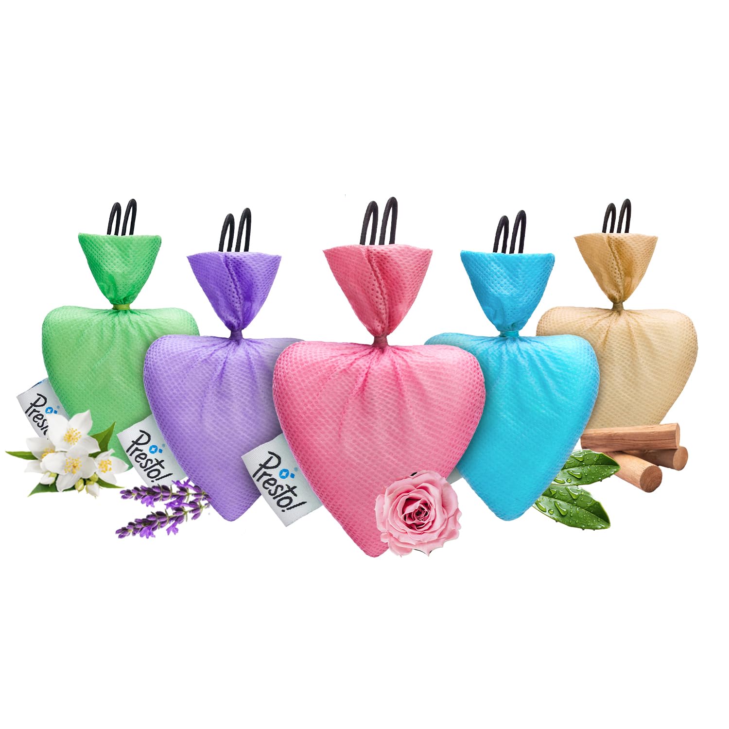 Amazon Brand - Presto! Camphor Heart shape Air Freshener | Assorted| Pack of 5 | Lavender, Jasmine, Sandal, Rose And Original | Long Lasting | Air Freshener for Car, Home & Office