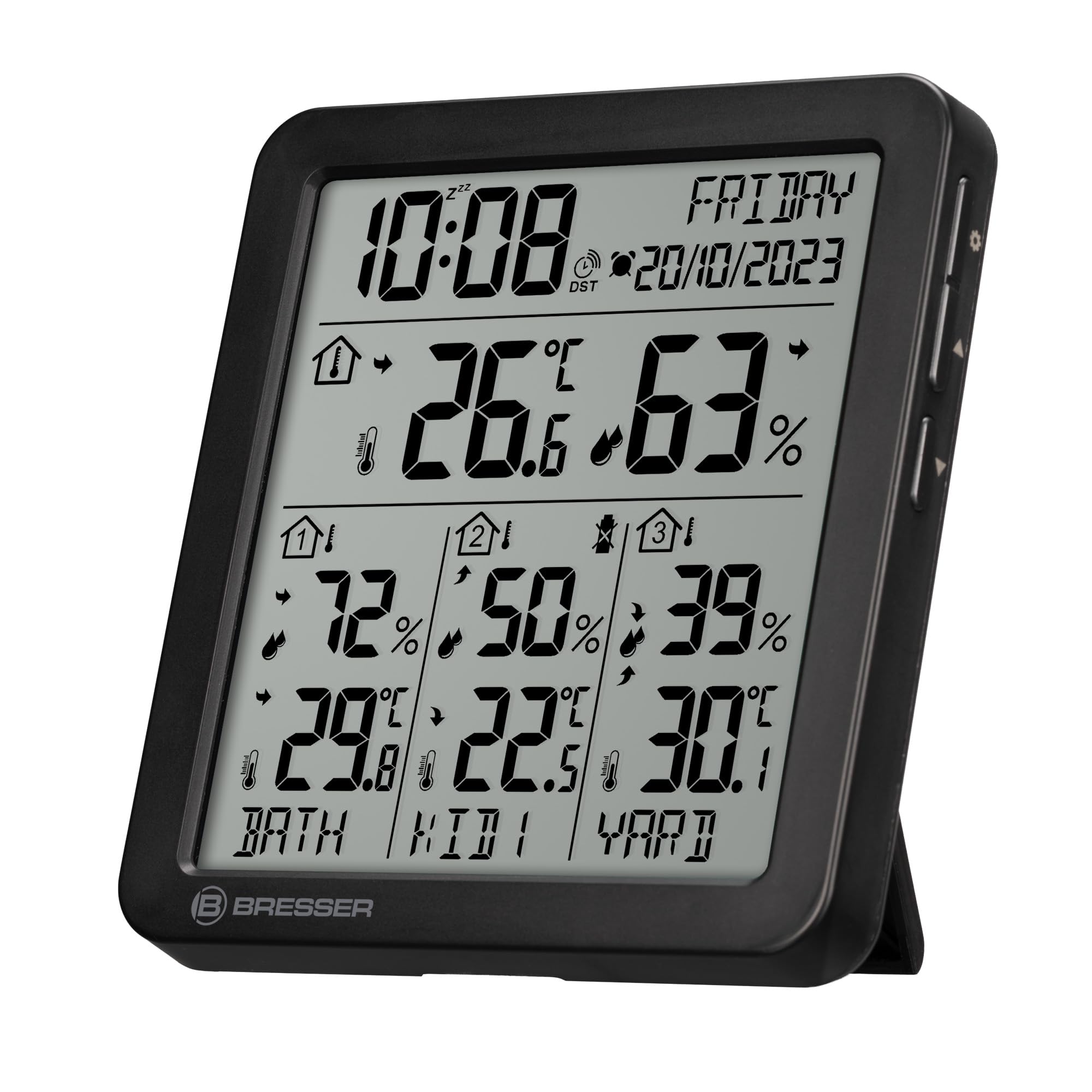 Bresser termoigrometro wireless con 3 sensori esterni, stazione meteo interna esterna con temperatura umidità, sveglia e orario automatico DCF