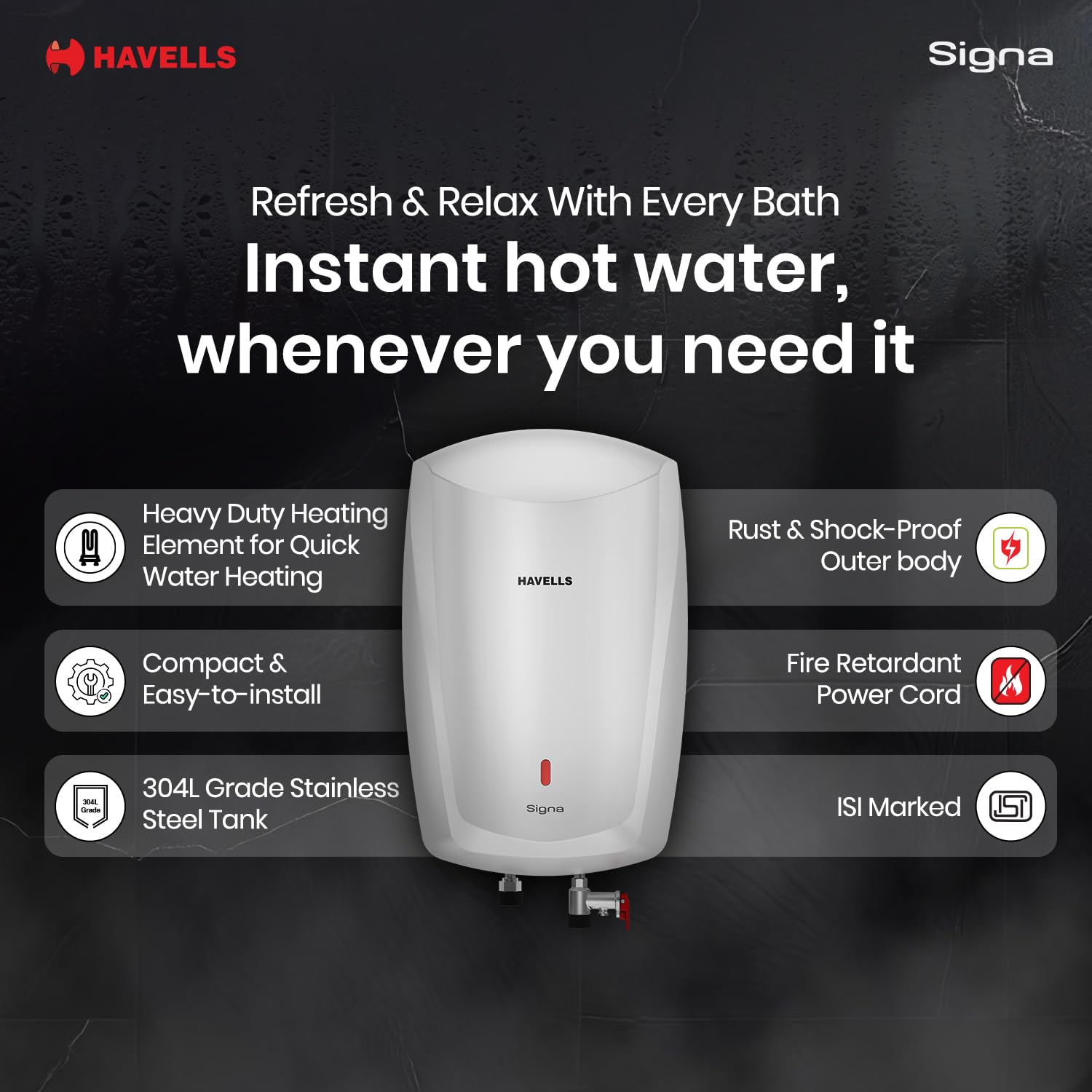 Havells Signa 5L Instant Water Heater(Geyser) with Anti Rust Aqua Shield| Twin LED Indicator| Shock Proof Body| ISI Marked| Fire Retardant Power Cord| Warranty- 5Yr on inner tank & 2Yr comprehensive