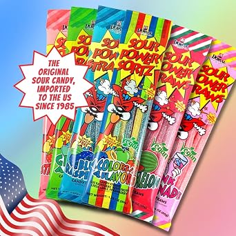 Sour Power Assorted Candy Straws, 1.75 oz (Pack of 6) Variety, Six Flavors Sour Straws Since 1985, Strawberry Green Apple Watermelon Rainbow Blue Raspberry, Vegan Soft Chewy, Non-GMO Gelatin Free