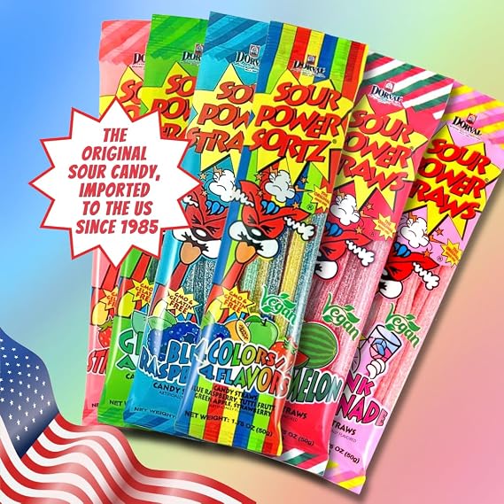 Sour Power Assorted Candy Straws, 1.75 oz (Pack of 6) Variety, Six Flavors Sour Straws Since 1985, Strawberry Green Apple Watermelon Rainbow Blue Raspberry, Vegan Soft Chewy, Non-GMO Gelatin Free