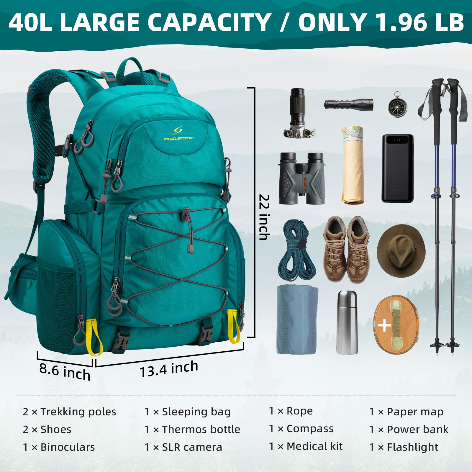 Maelstrom Hiking Backpack,40L Waterproof Camping Backpack,Men Women Packable Hiking Daypack with Rain Cover,Lightweight Travel Backpack-Green