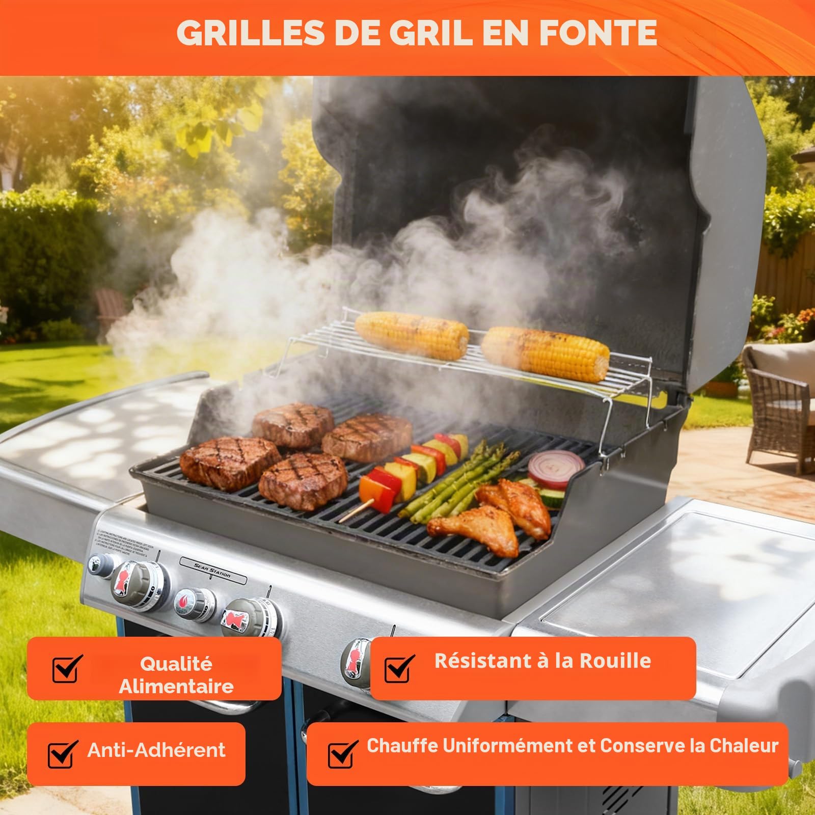 7524 49,5cm Grilles de Cuisson en Fonte Grille de Cuisson pour Weber Genesis E-310/ E-320/ E-330, Genesis S-310/ S-320/ S-330, Genesis EP-310/ EP-320/ EP-330 Gril à gaz, pour Weber 7524/7528