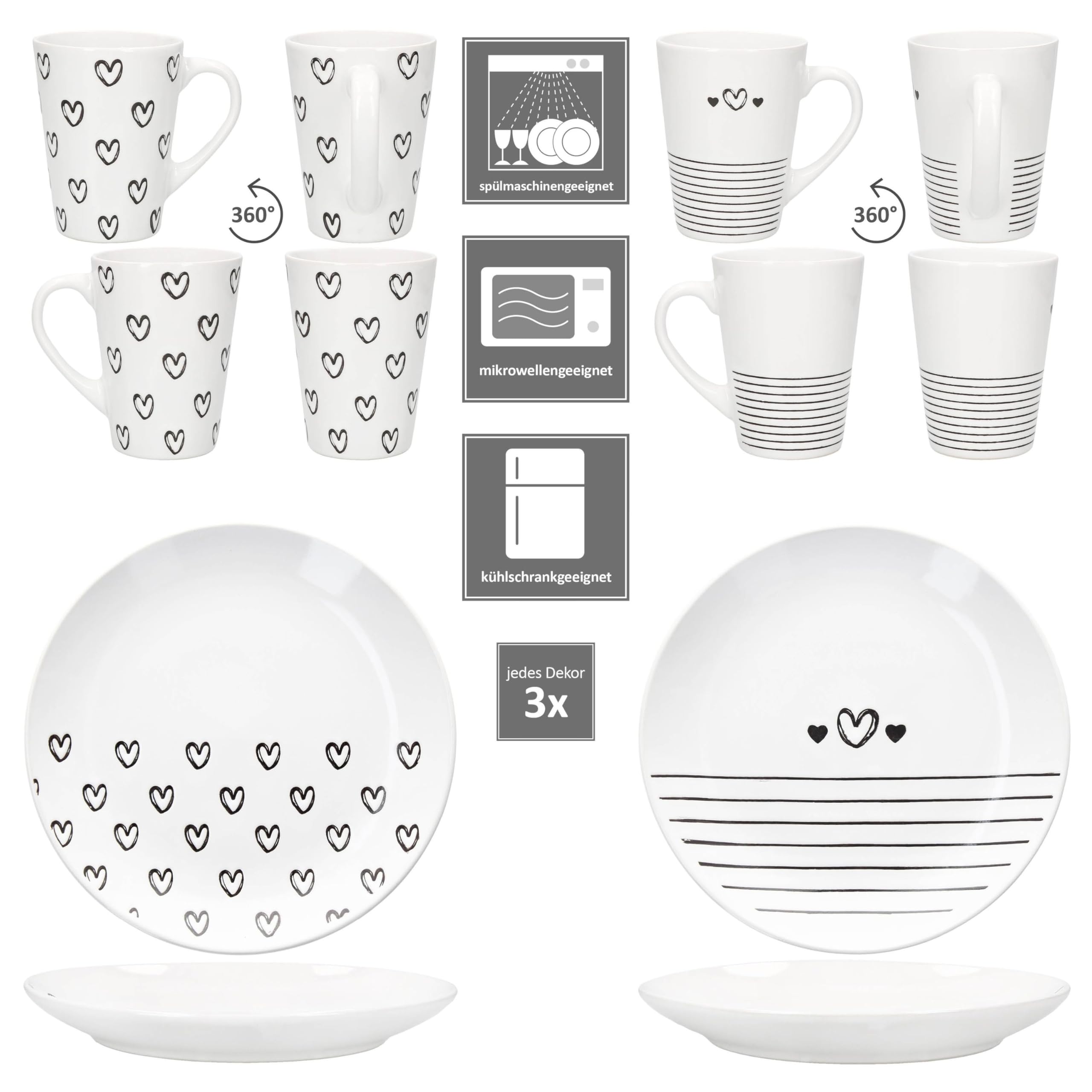 MamboCat Cupid 12tlg Frühstücksset I 6x Kuchenteller Ø18,5cm & 6x Kaffeebecher 350ml I Porzellan Geschirr schwarz-weiß mit Herz & Streifen Dekor I für Frühstück & Kaffeezeit