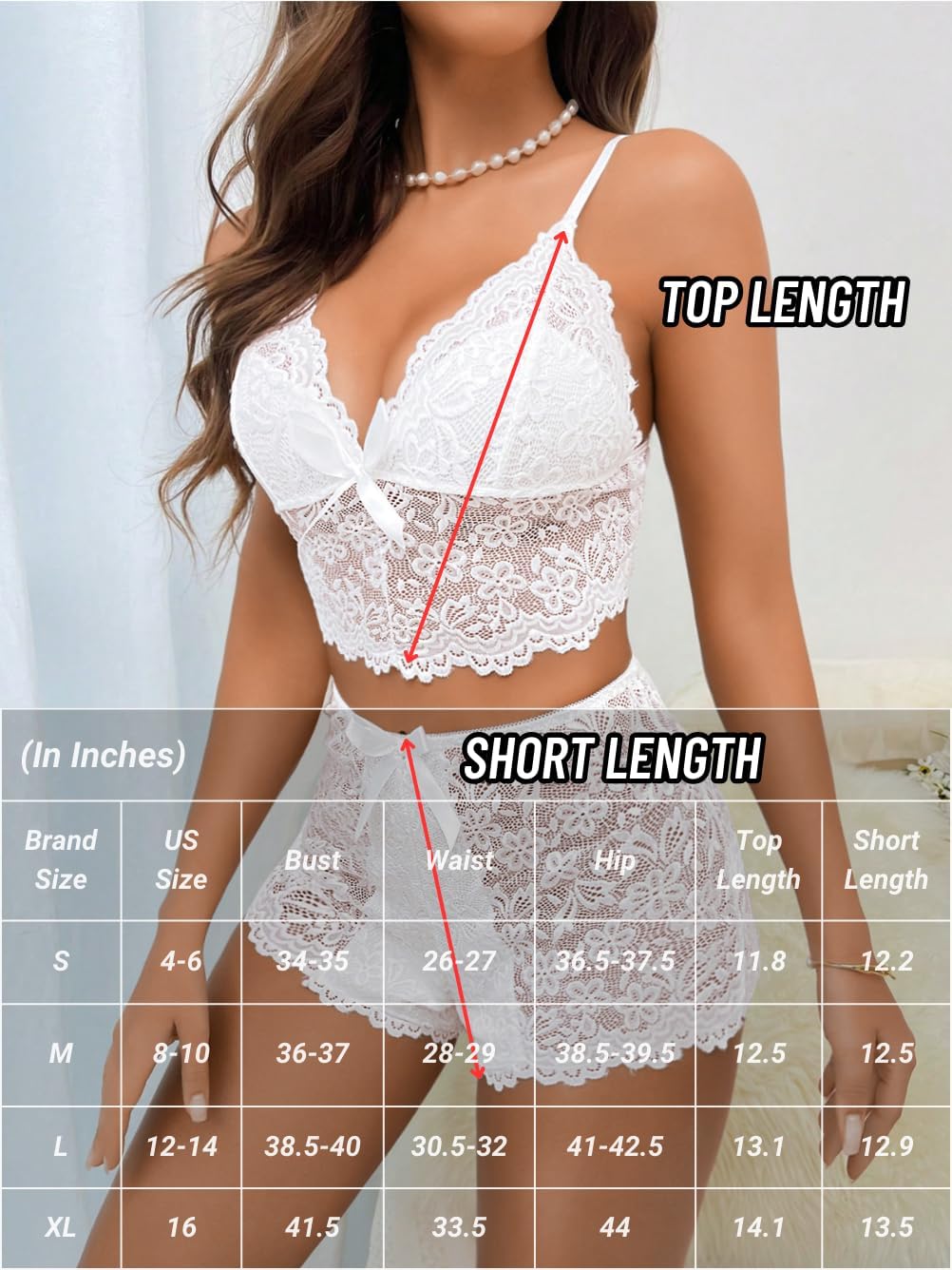 ChiaoLezhee Bow Tie Sexy Lace Sheer Pajama Lingerie Set for Women, Floral Bra and Panty Set 2 Piece High Waisted Sleepwear